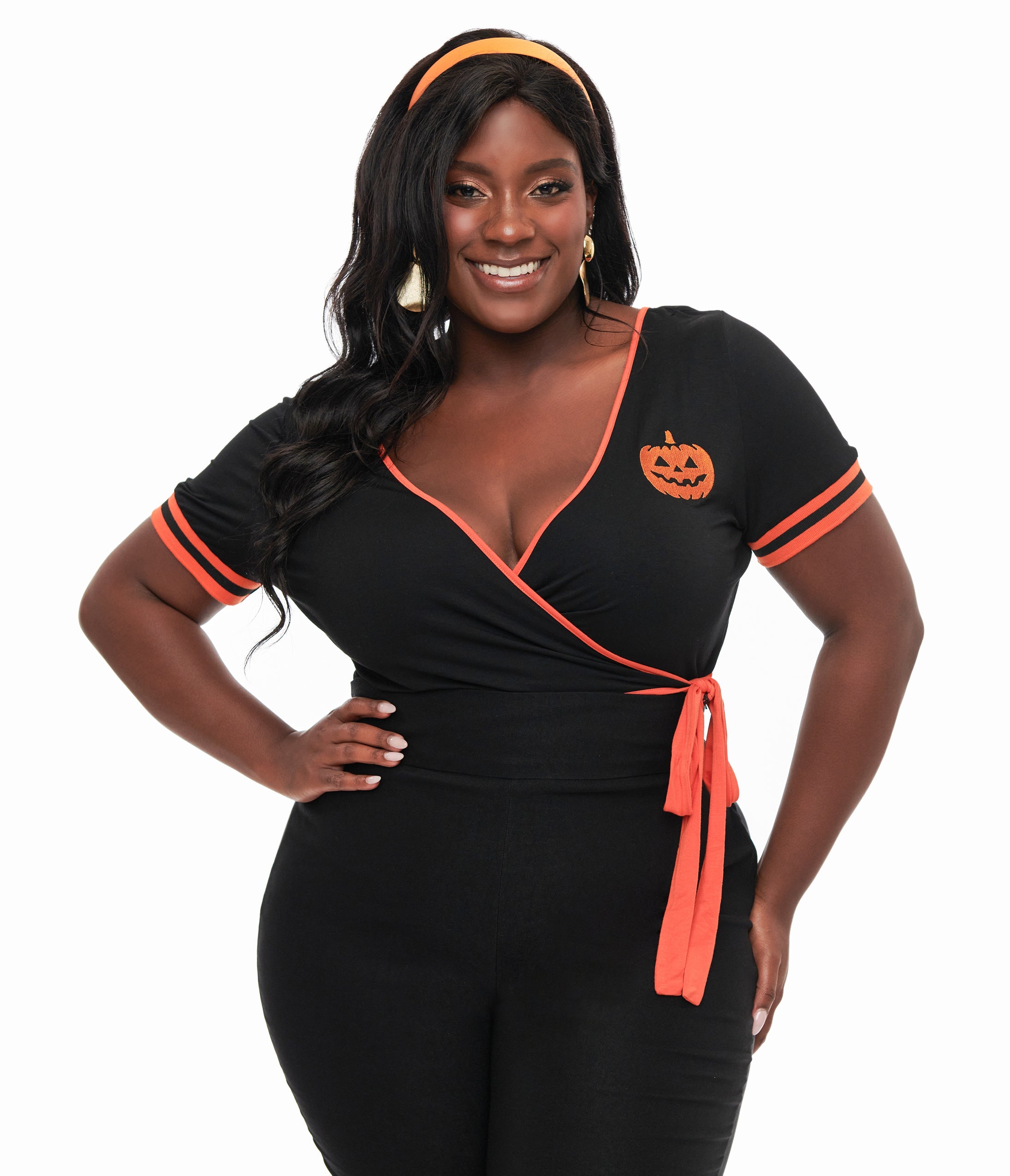 Unique Vintage Plus Size 1970s Black & Orange Pumpkin Surplice Bodysuit