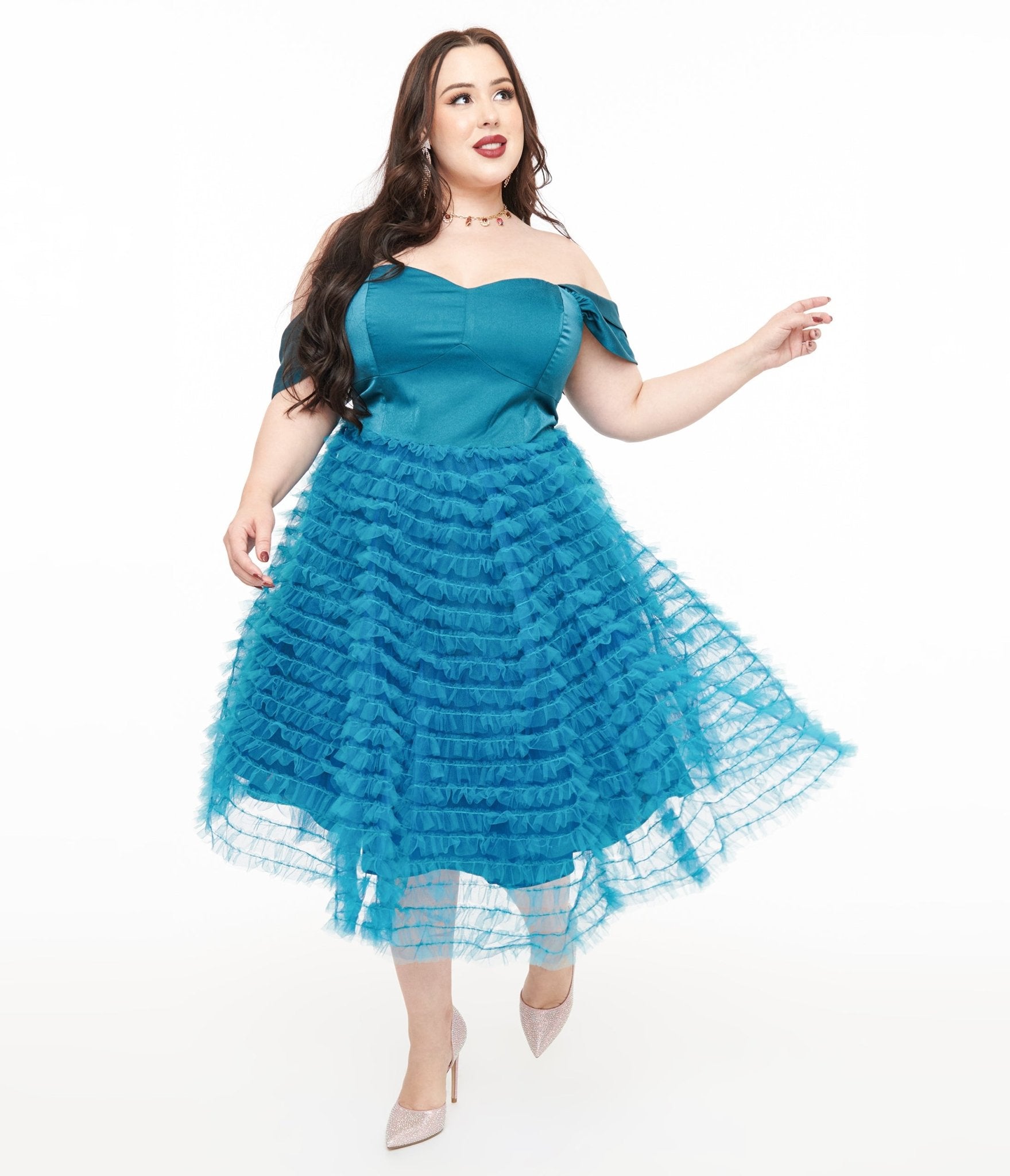 Unique Vintage Plus Size 1950s Teal Mesh Tulle Off The Shoulder Swing Dress