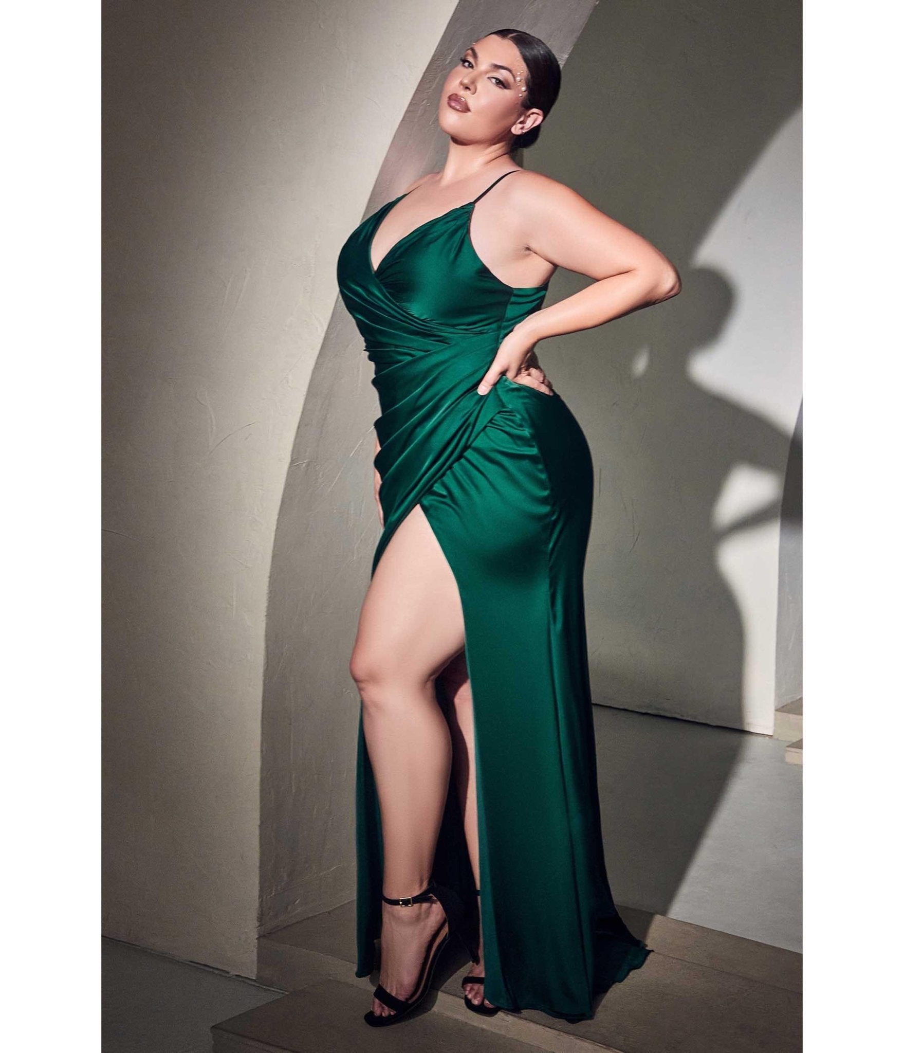 Ladivine by Cinderella Divine Plus Size Emerald Ruched Satin Mystique Bridesmaid Gown