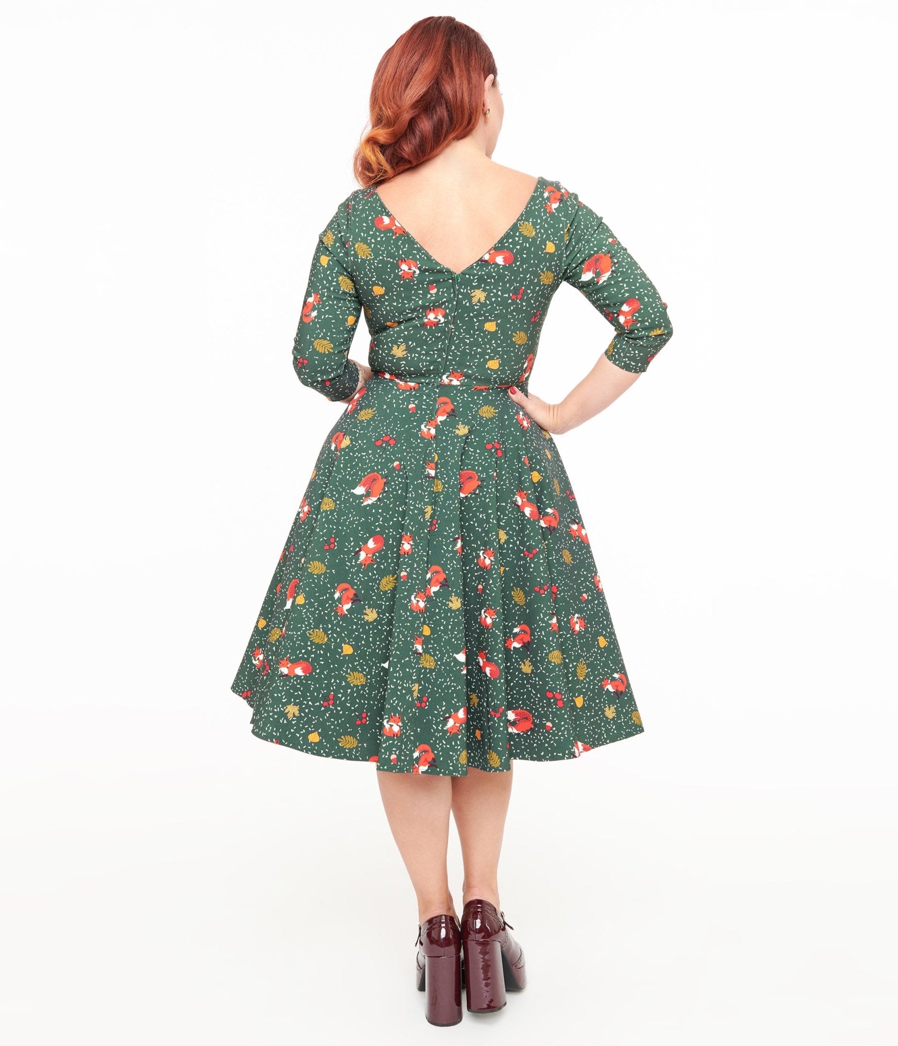 Unique Vintage 1950s Green Winter Fox Devon Swing Dress