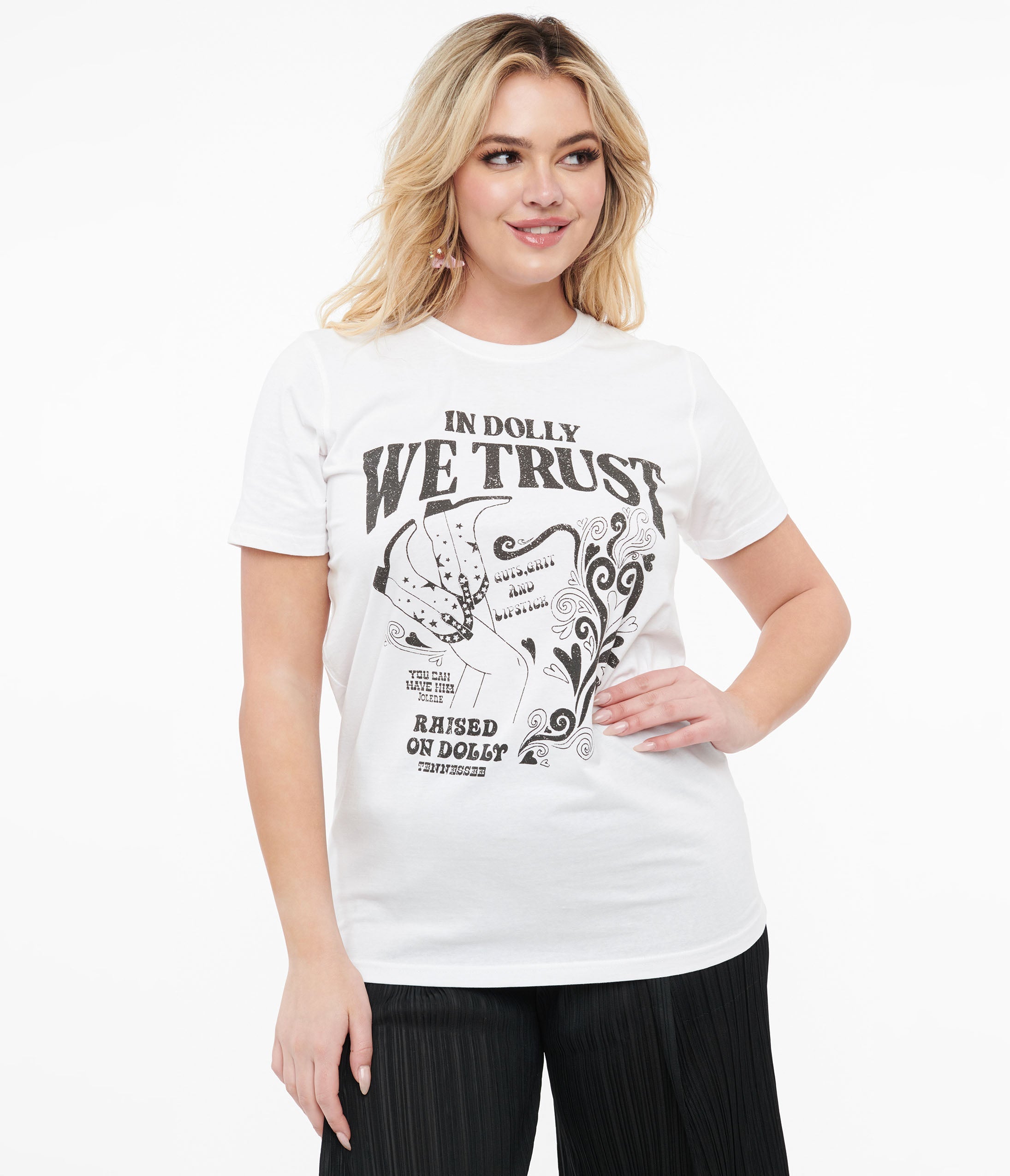 1970s White & Black In Dolly We Trust Fitted Graphic Tee