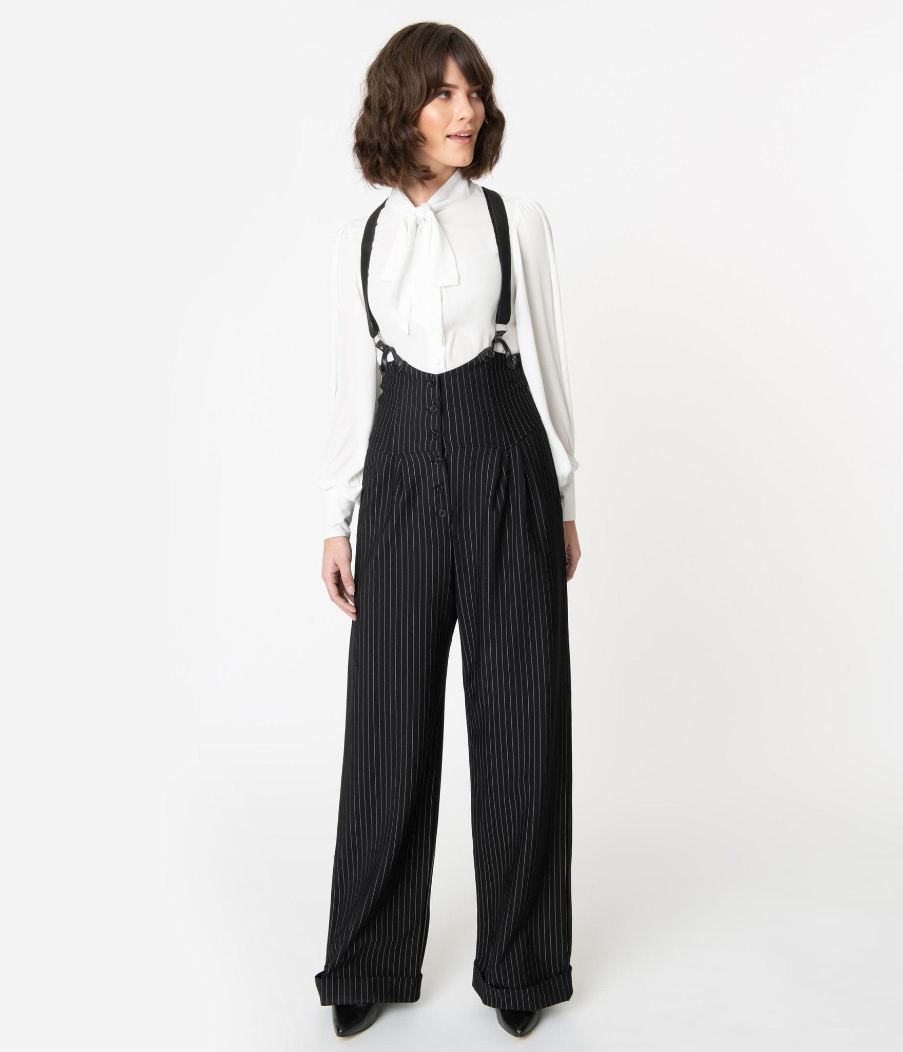 Unique Vintage 1930s Black & White Pin Stripe Thelma Suspender Pants