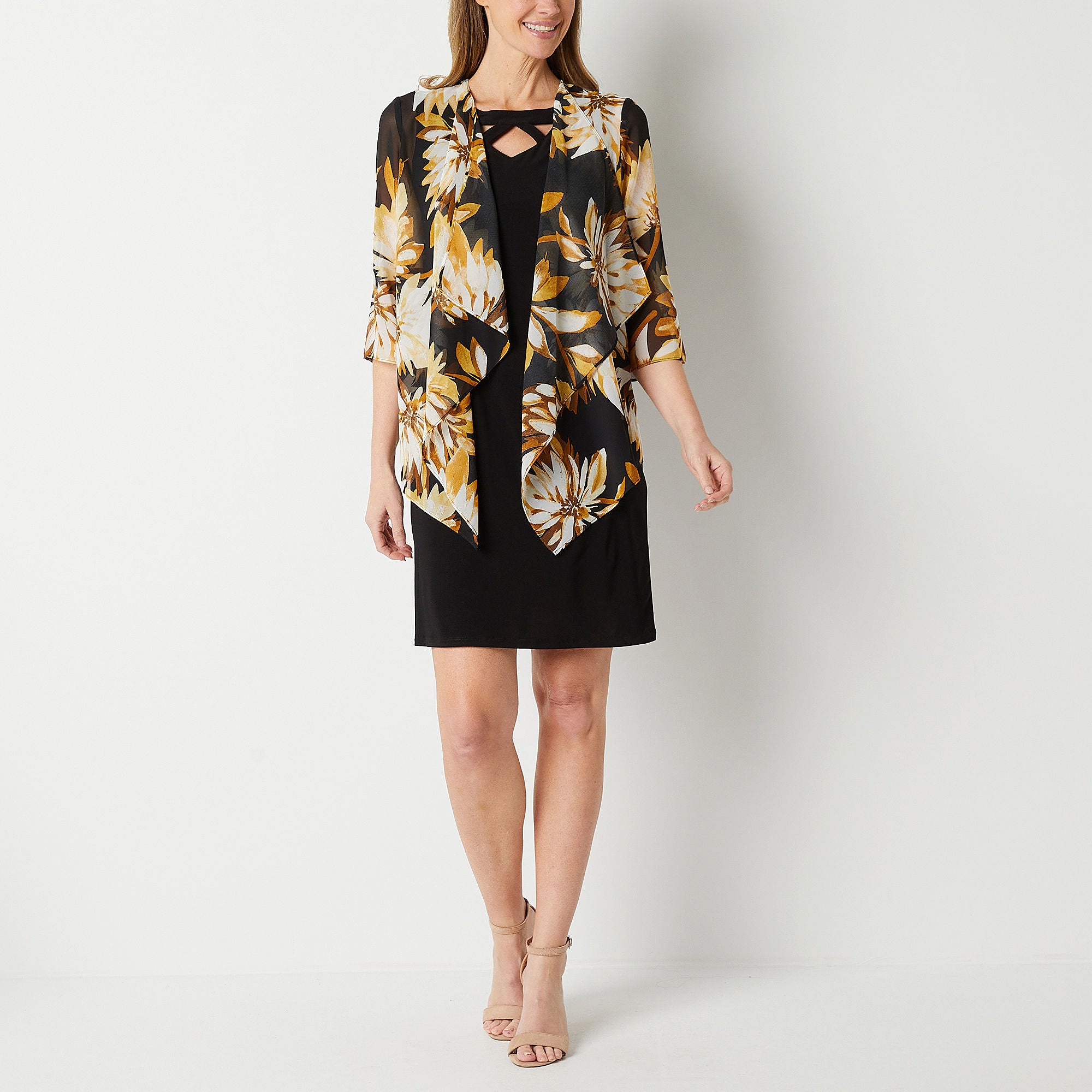 R & K Originals Womens Floral Faux-Jacket Dress Black Gold 12