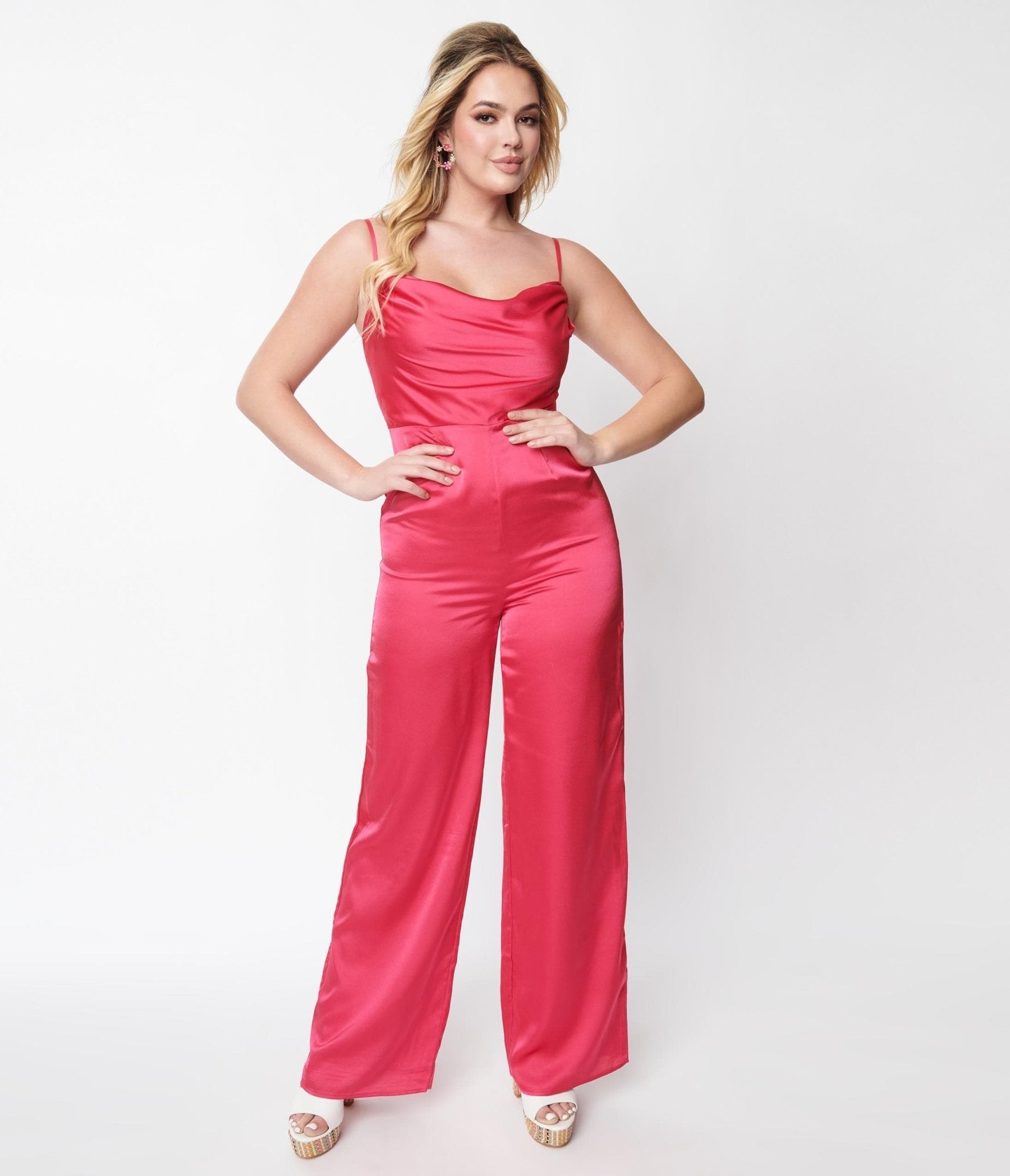 Hot Pink Chateau Satin Cowl Neck Jumpsuit