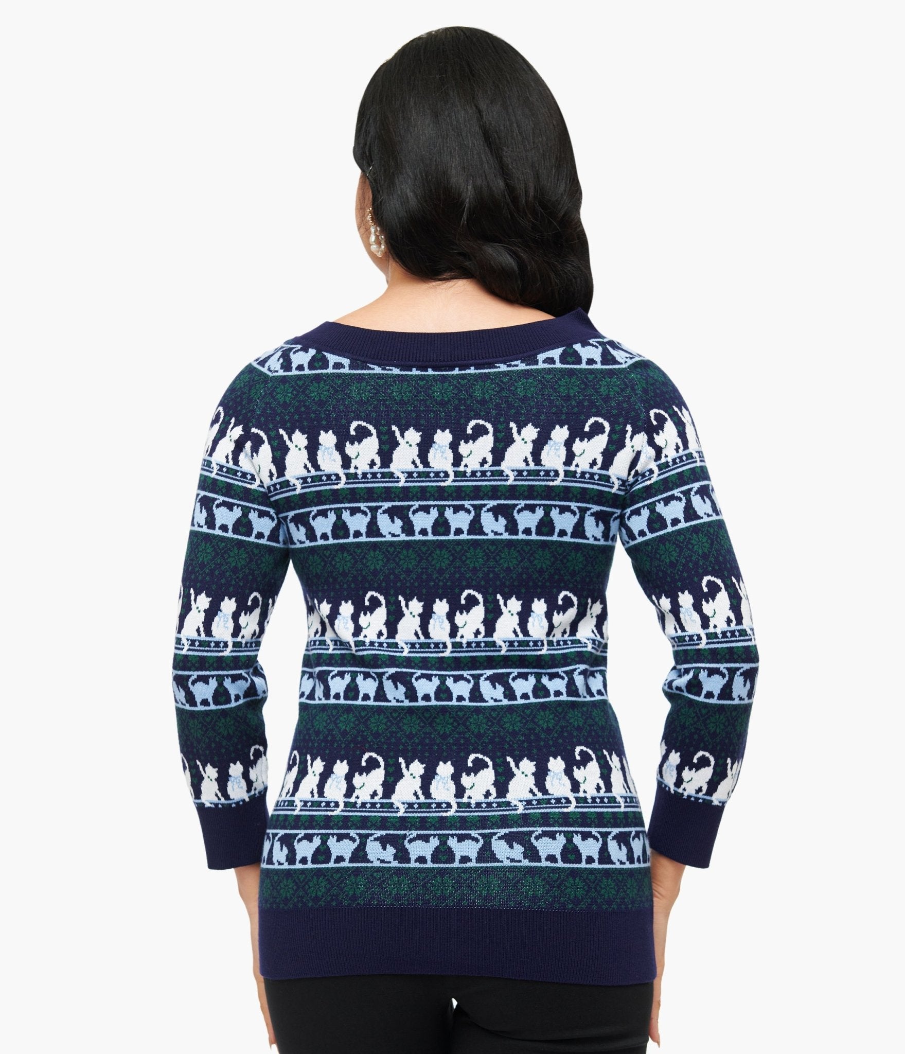 Unique Vintage 1940s Navy & White Cat Pattern Lorelai Sweater