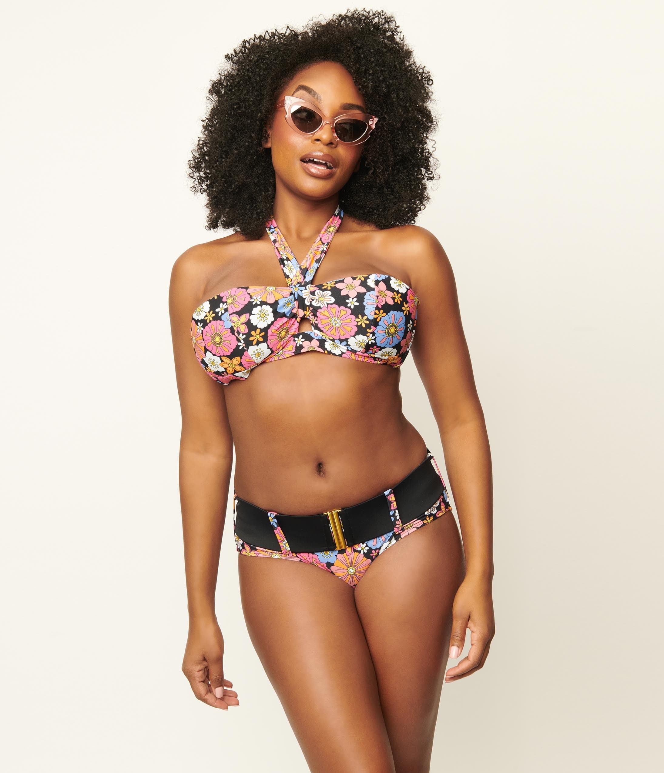 Unique Vintage Pink & Blue Floral Print Belted Sunsational Swim Bottom