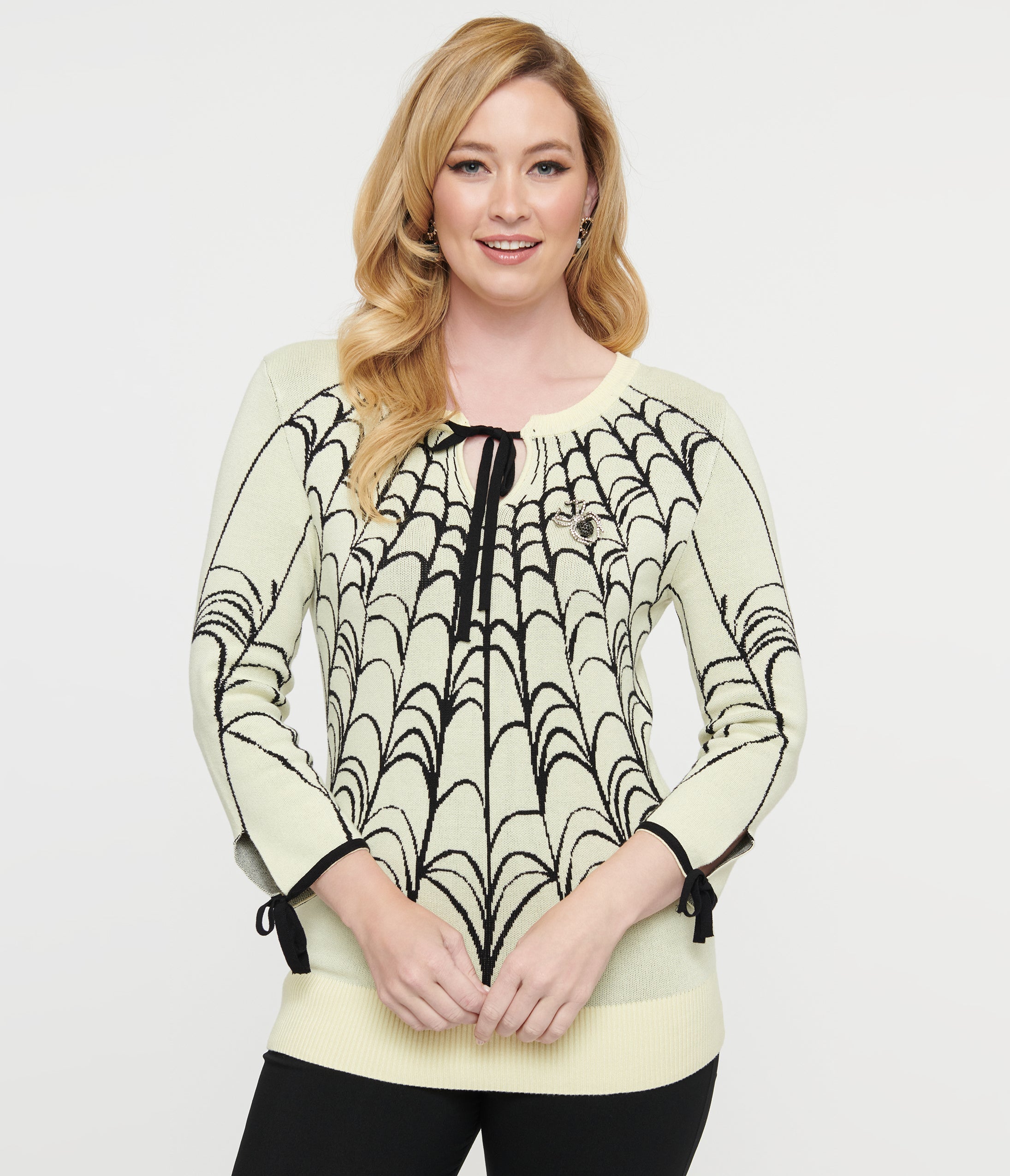 Unique Vintage Cream & Black Spiderweb Keyhole Sweater