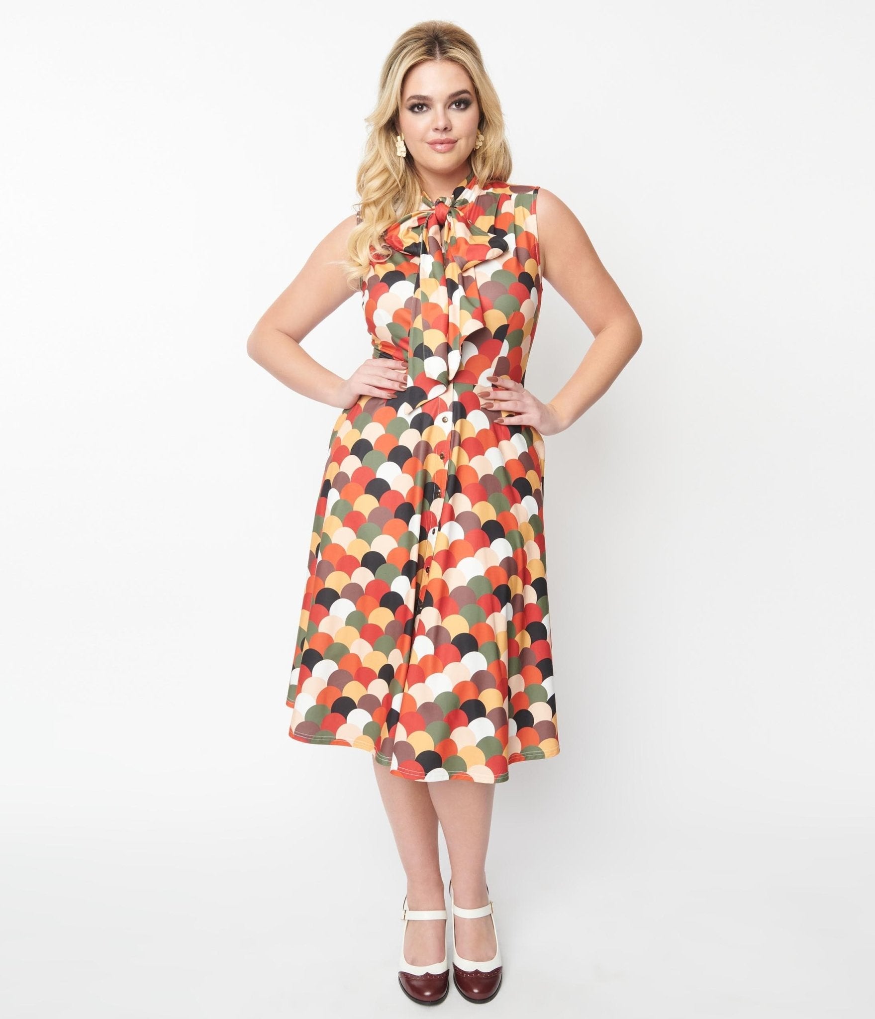 Unique Vintage 1940s Multicolor Scallop Print Ribboned Swing Dress