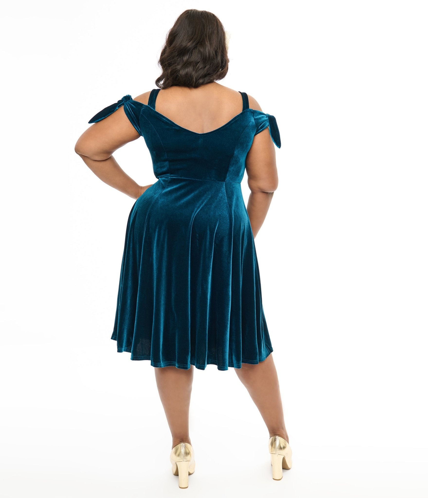 Hell Bunny Plus Size Teal Velvet Off The Shoulder Midi Dress