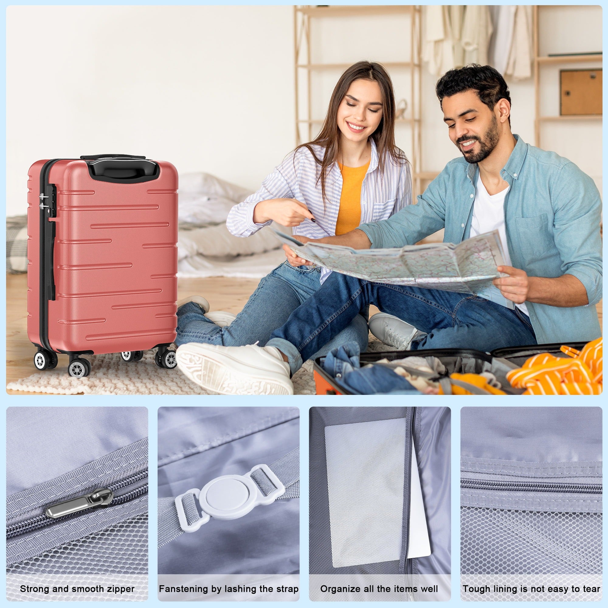 Sunbee Sunbee-052 3 Piece Luggage Sets ABS Hardshell TSA Lock Lightweight Spinner - Rose Gold Wheels Suitcase