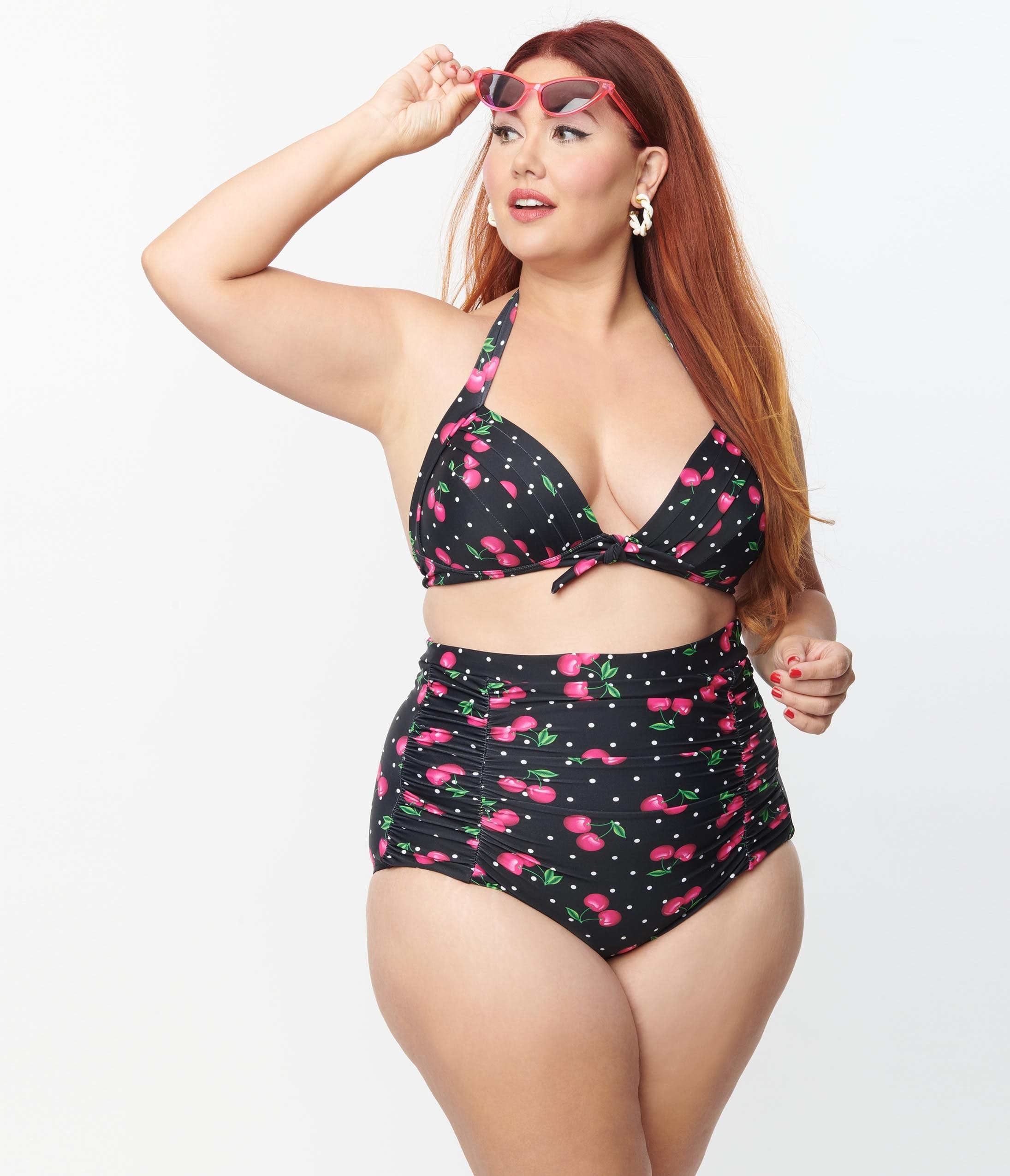 Unique Vintage Plus Size Black & Hot Pink Cherry Pin Dot Monroe Swim Top