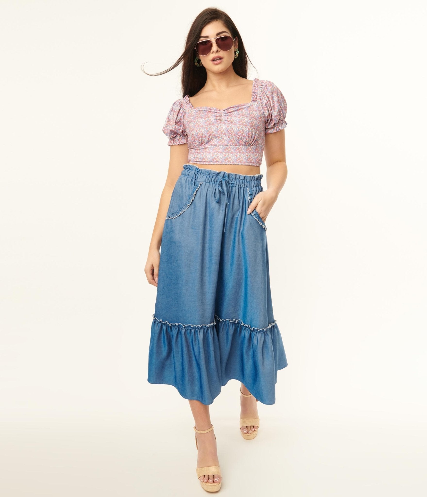 Unique Vintage 1970s Chambray Ruffle Tiered Midi Skirt