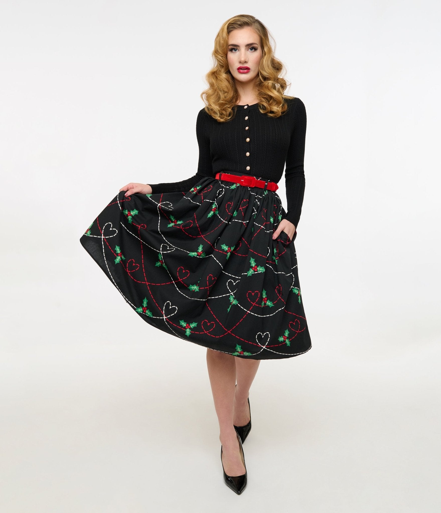 Hell Bunny 1950s Festive Hearts & Holly Print Angelica Swing Skirt