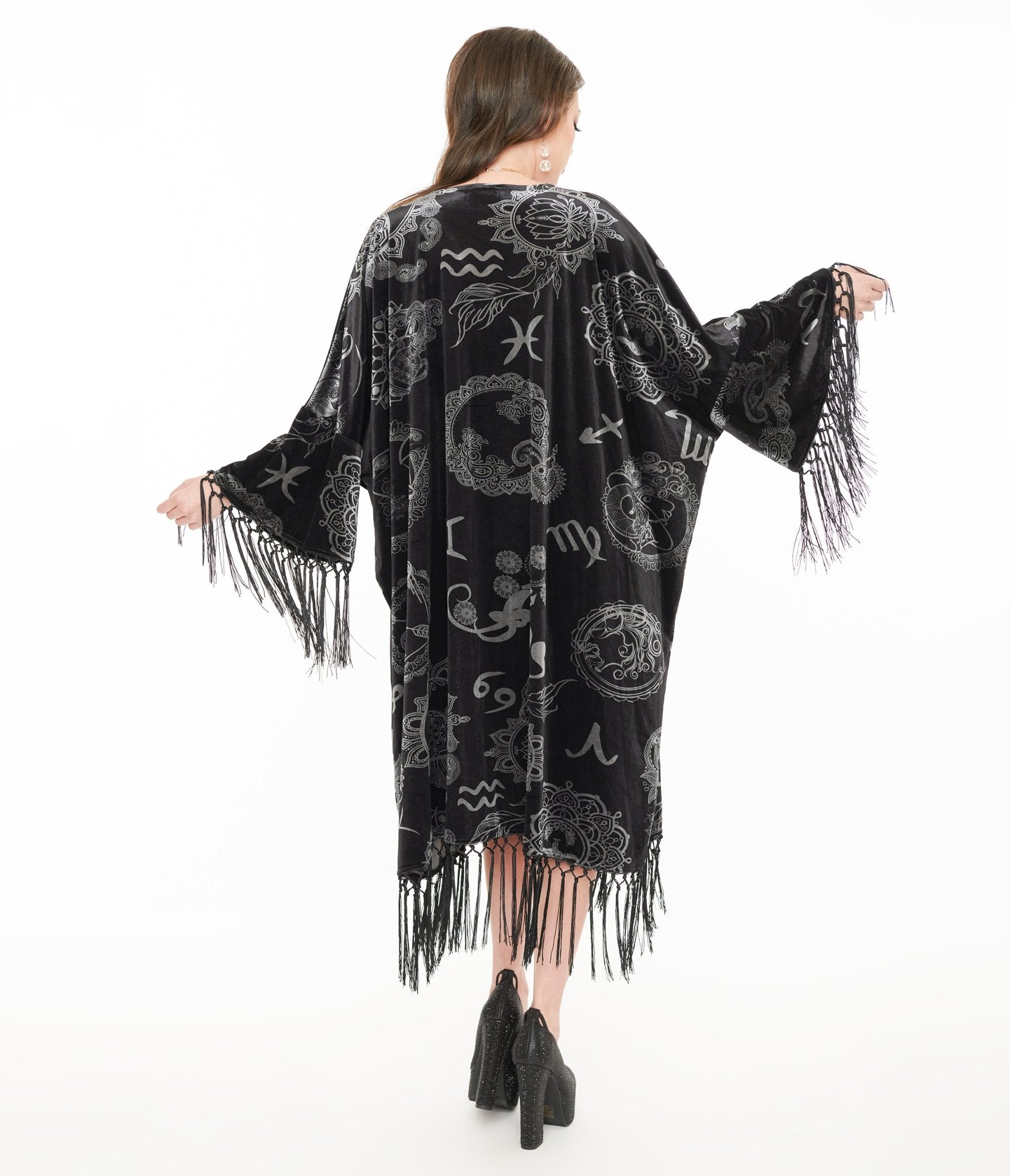 Unique Vintage 1920s Silver & Black Velvet Zodiac Fringe Kimono