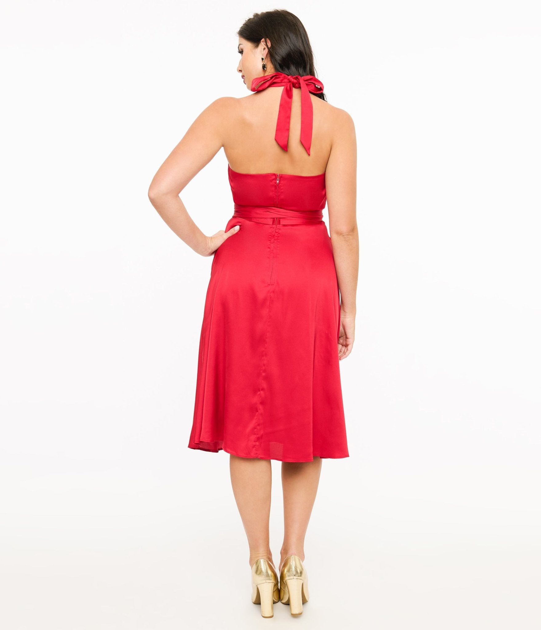 Unique Vintage Red Satin Halter Swing Dress