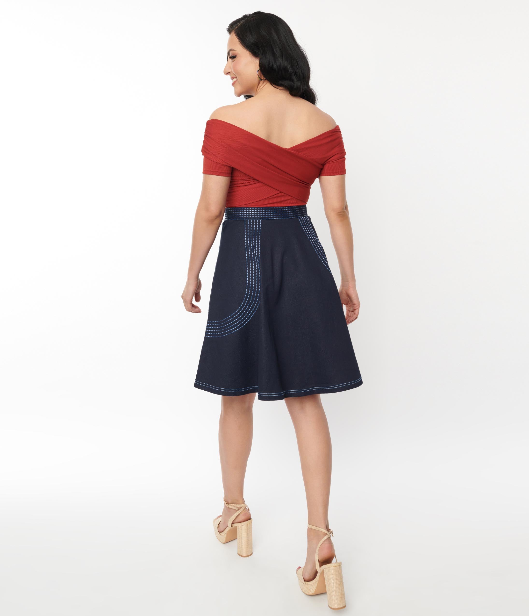 Unique Vintage Denim Blue Patch Pocket Swing Skirt