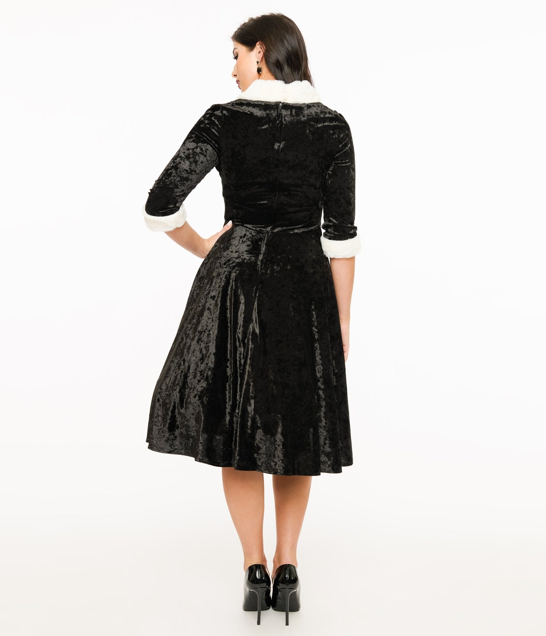 Unique Vintage 1950s Black Crushed Velvet & White Fur Delores Swing Dress