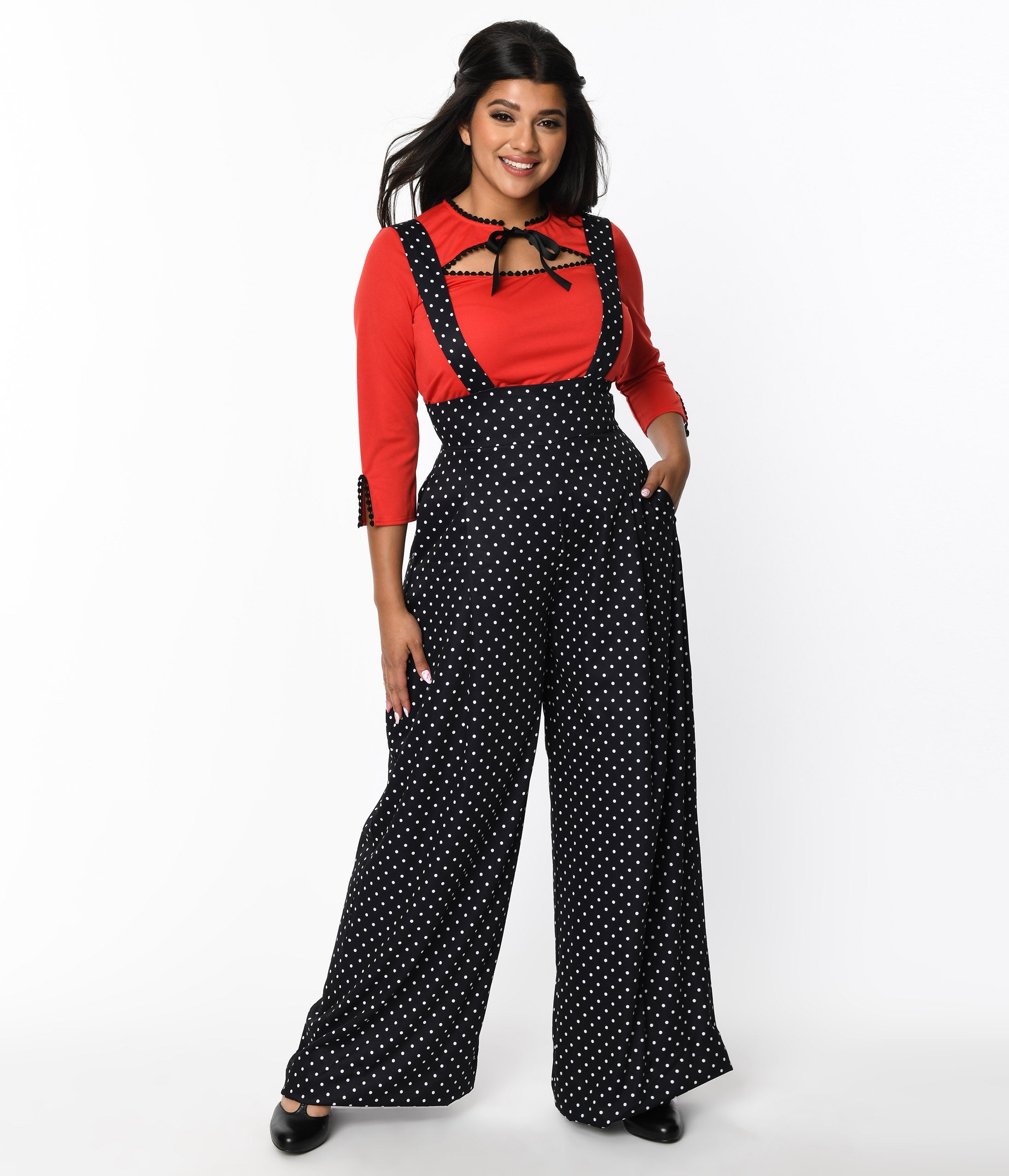 Unique Vintage Black & White Pin Dot Rochelle Suspender Pants