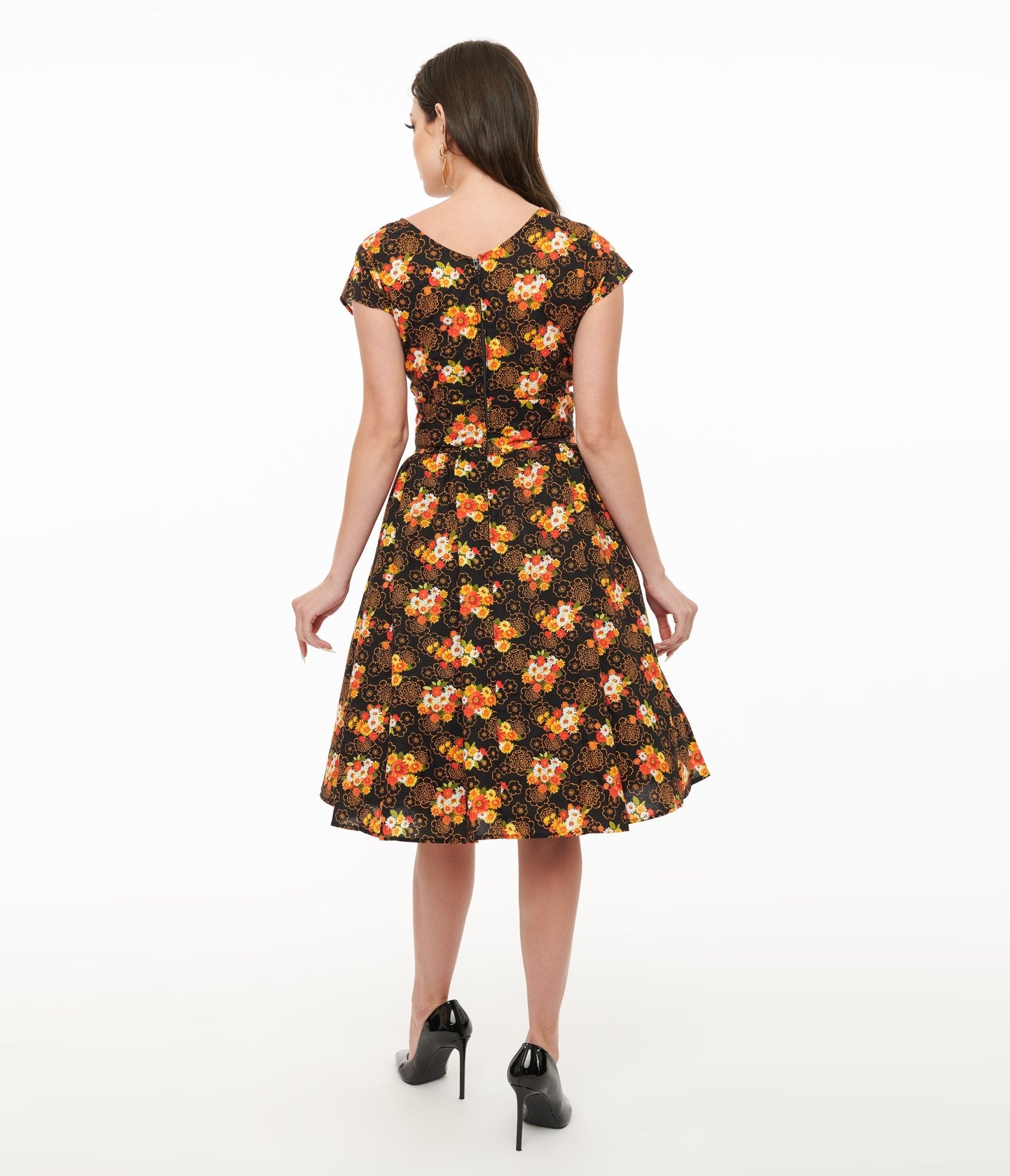 Retrolicious 1950s Brown Floral Cotton Greta Swing Dress