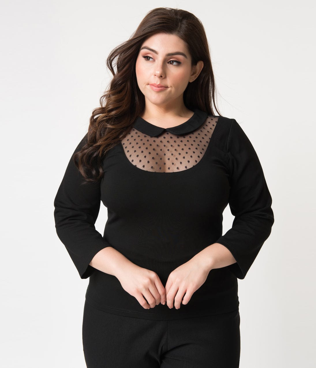 Unique Vintage Plus Size Black Mesh & Swiss Dot Stretch Knit Fitz Top