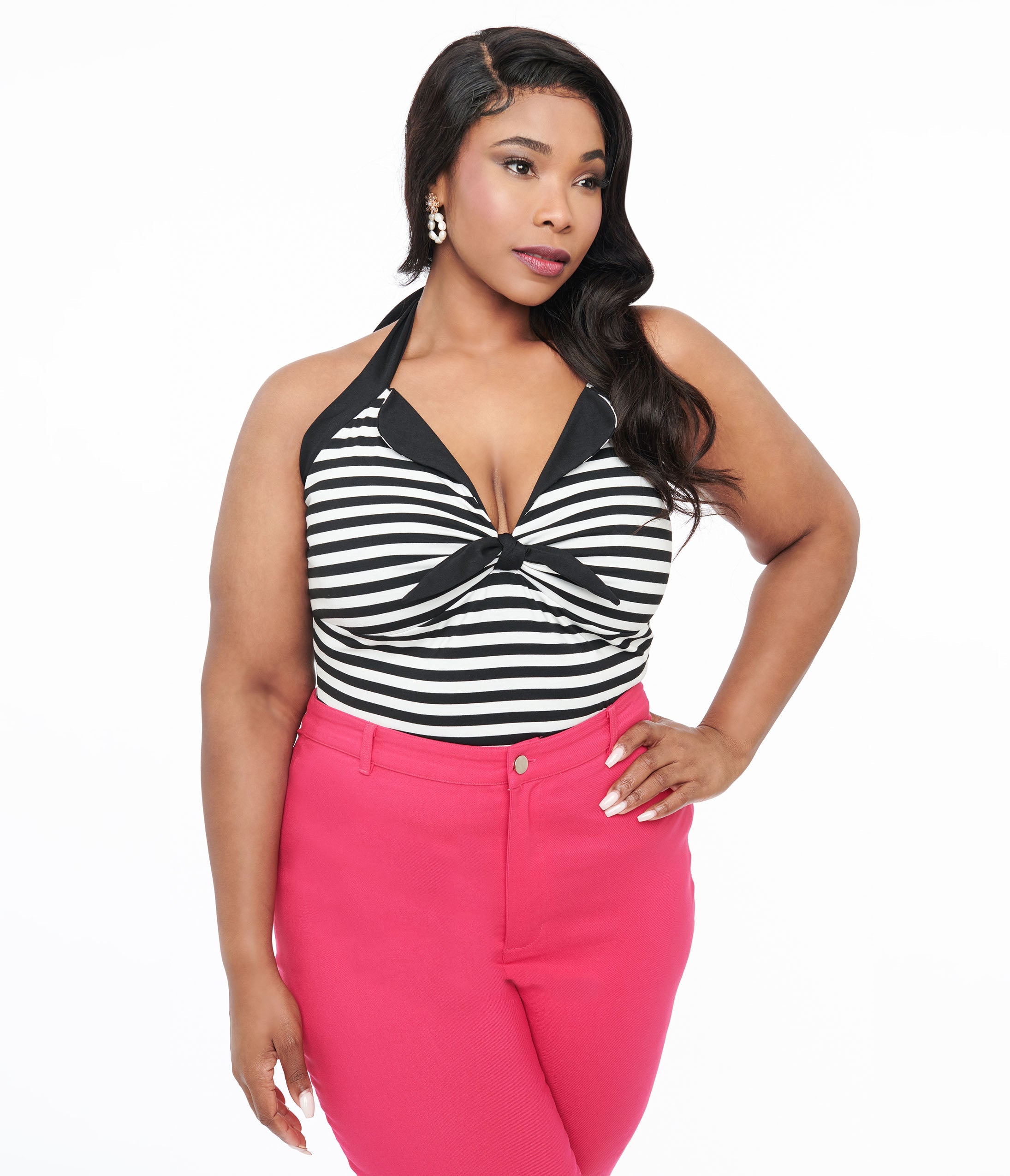 Unique Vintage Plus Size Black & White Striped Halter Top