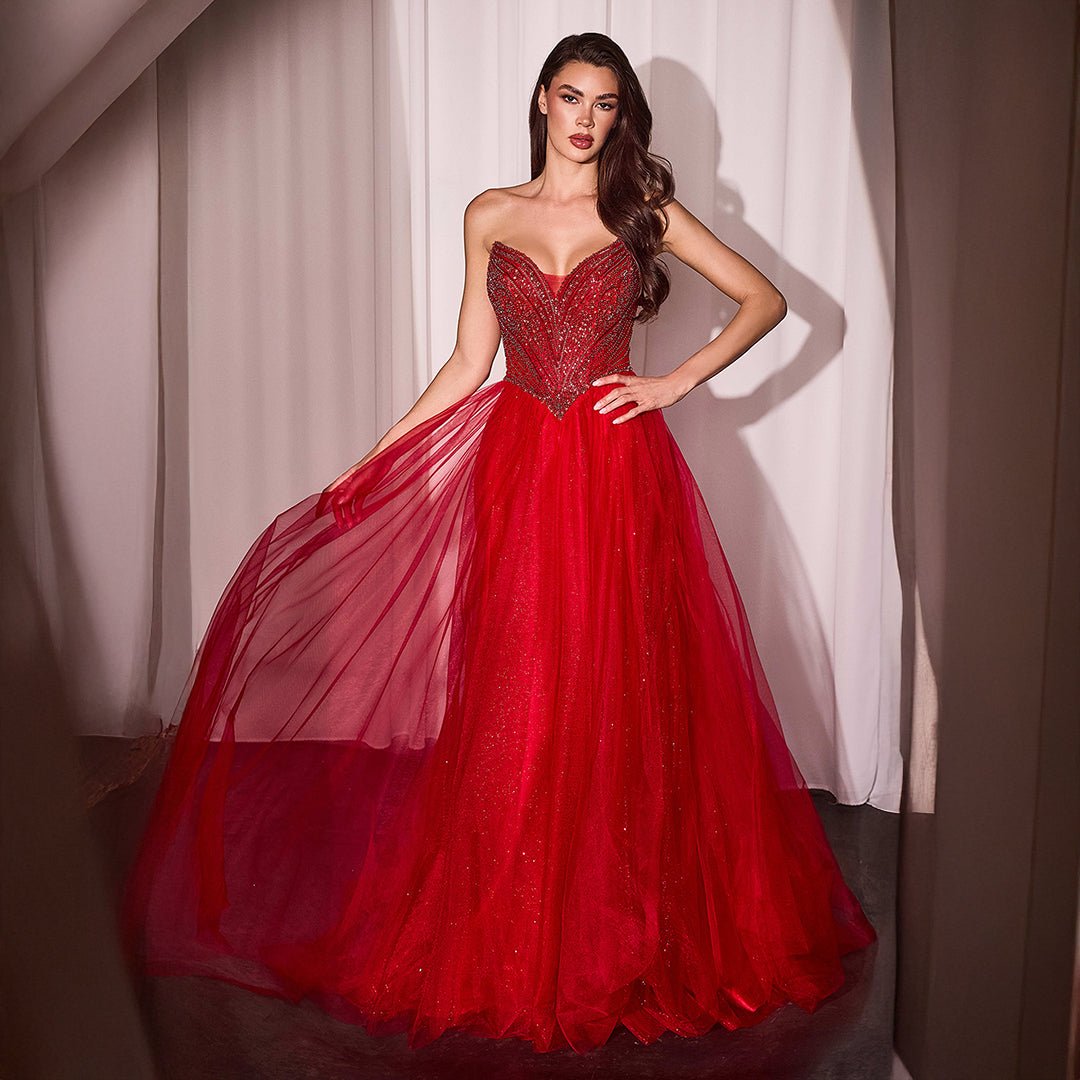 Ladivine by Cinderella Divine Red Beaded Strapless Tulle Prom Dress