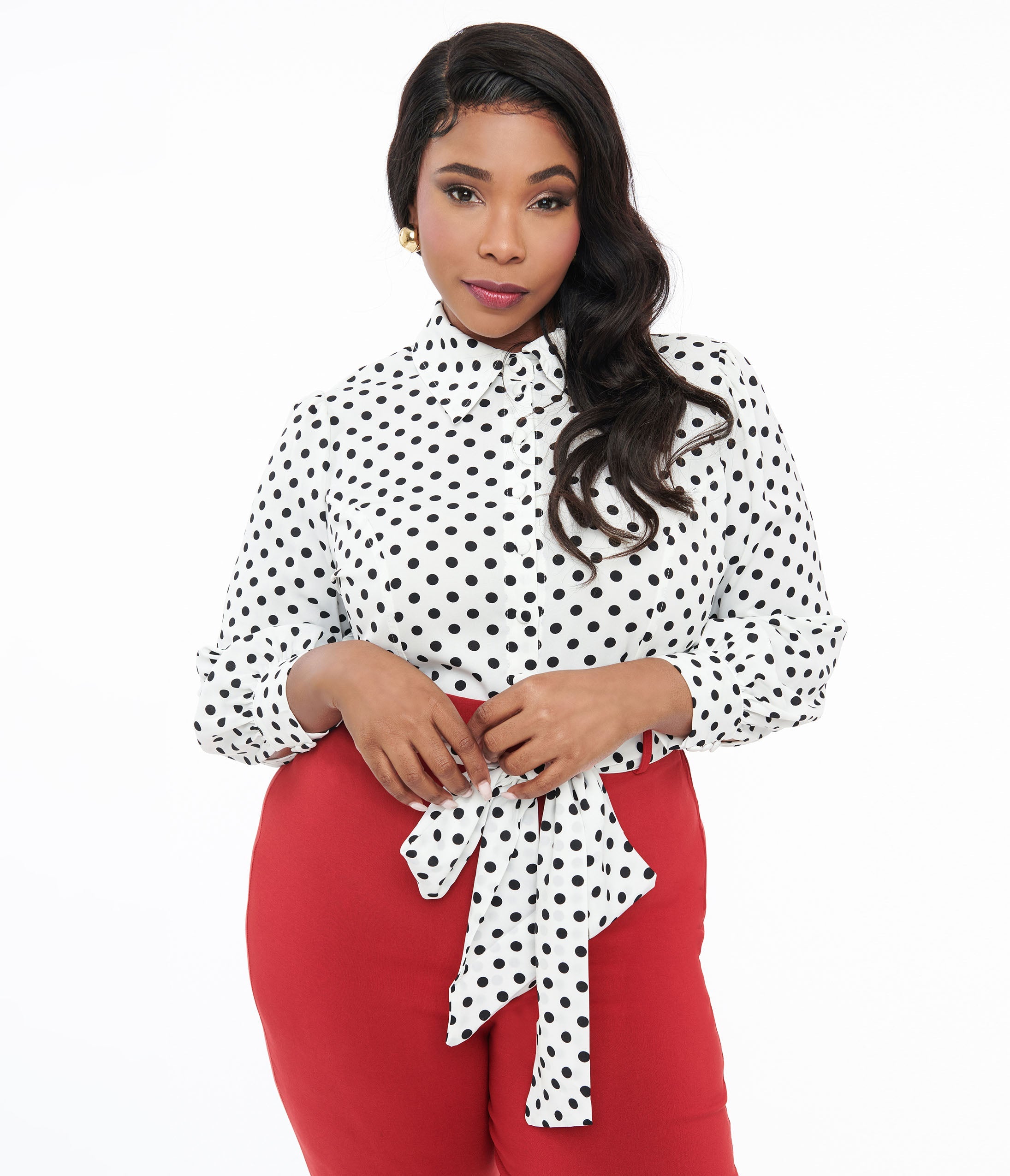 Unique Vintage Plus Size White & Black Polka Sashed Bodysuit