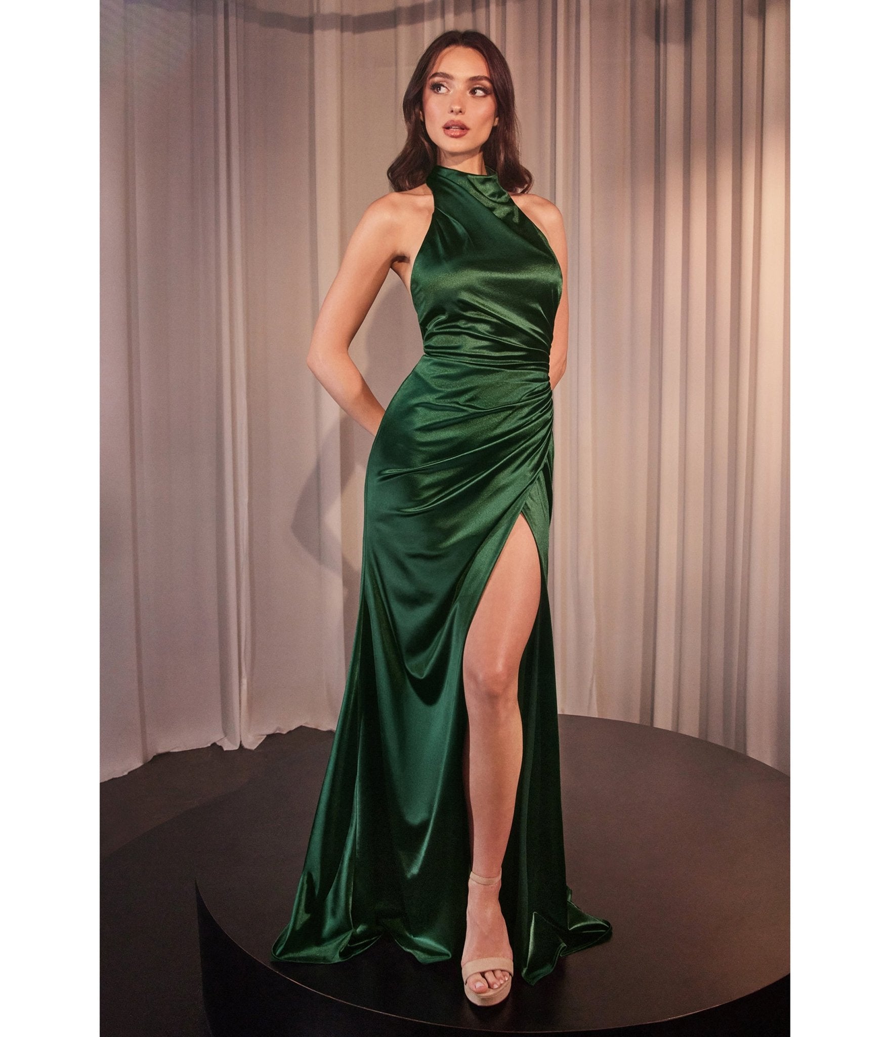 Ladivine by Cinderella Divine Deep Emerald Fitted Satin Halter Bridesmaid Dress