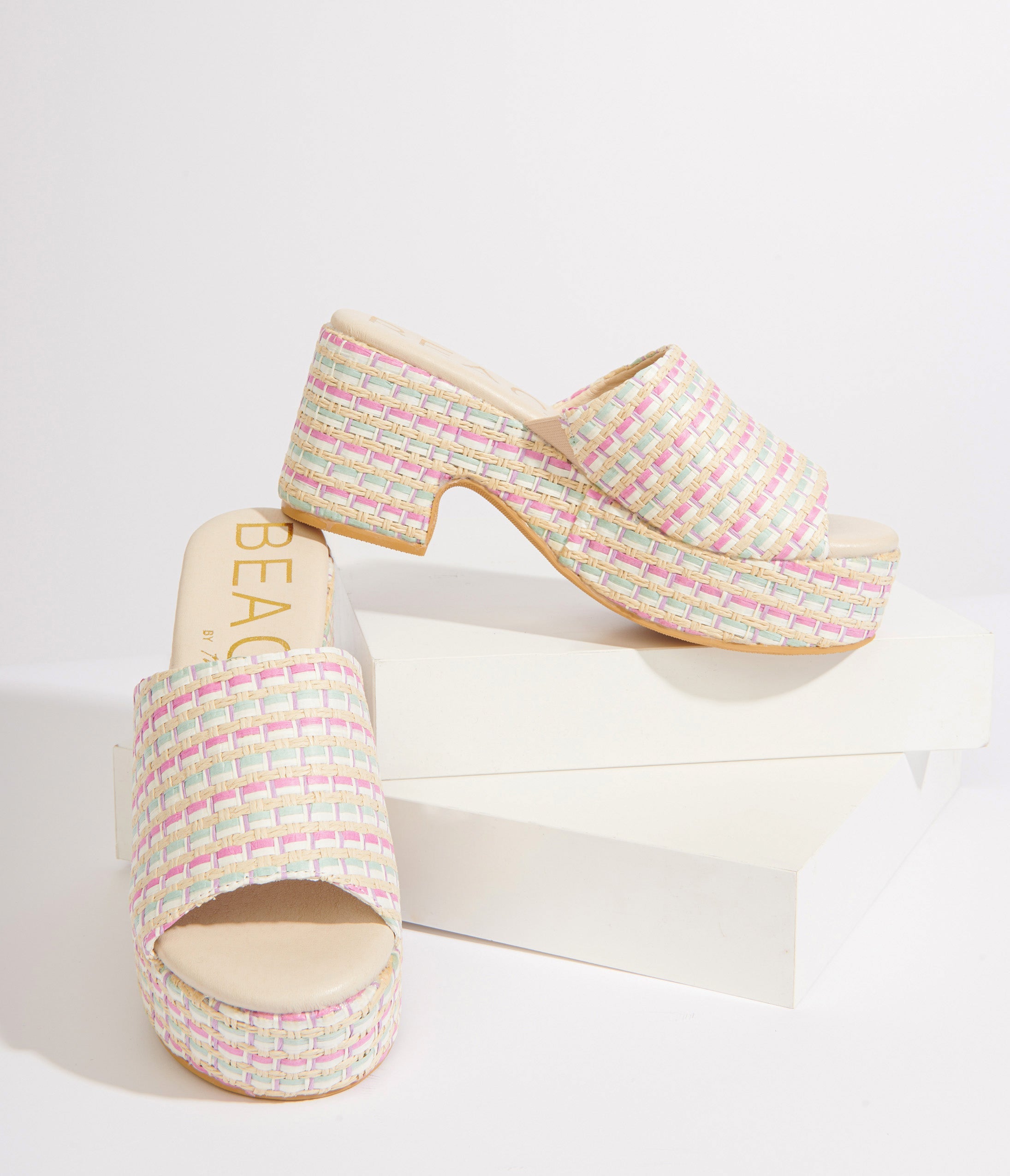 1970s Pastel Rainbow Rattan Platform Mule Sandals