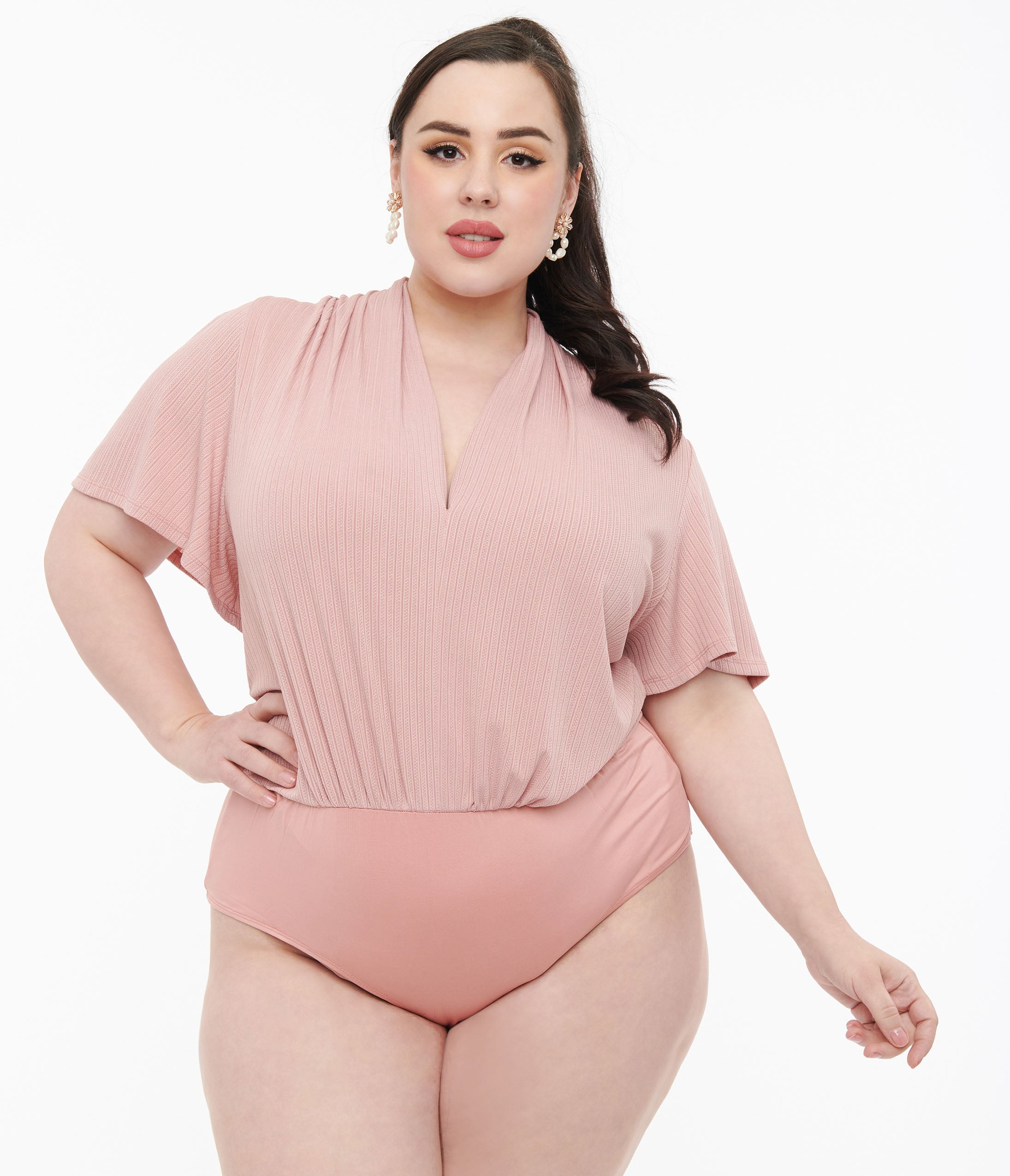 Unique Vintage Plus Size Rose Pink Pointelle Flutter Sleeve Bodysuit