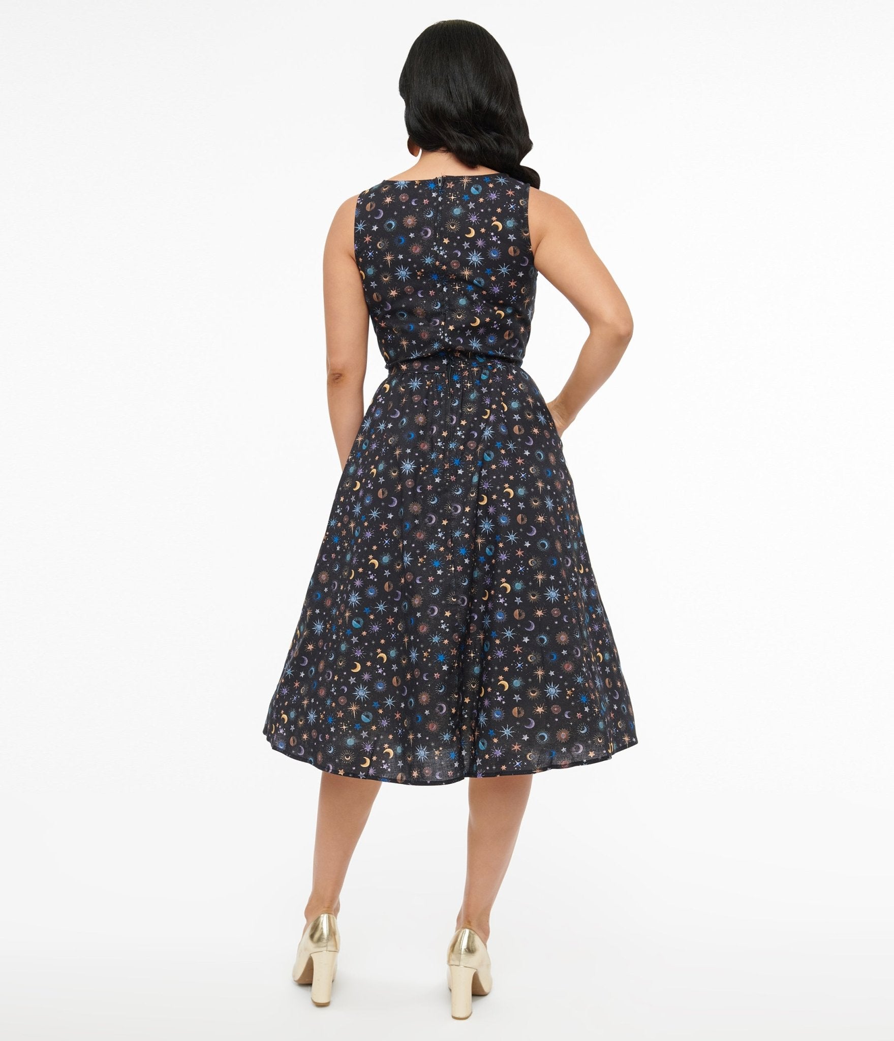 Retrolicious 1950s Black Celestial Stars & Moon Print Midi Dress