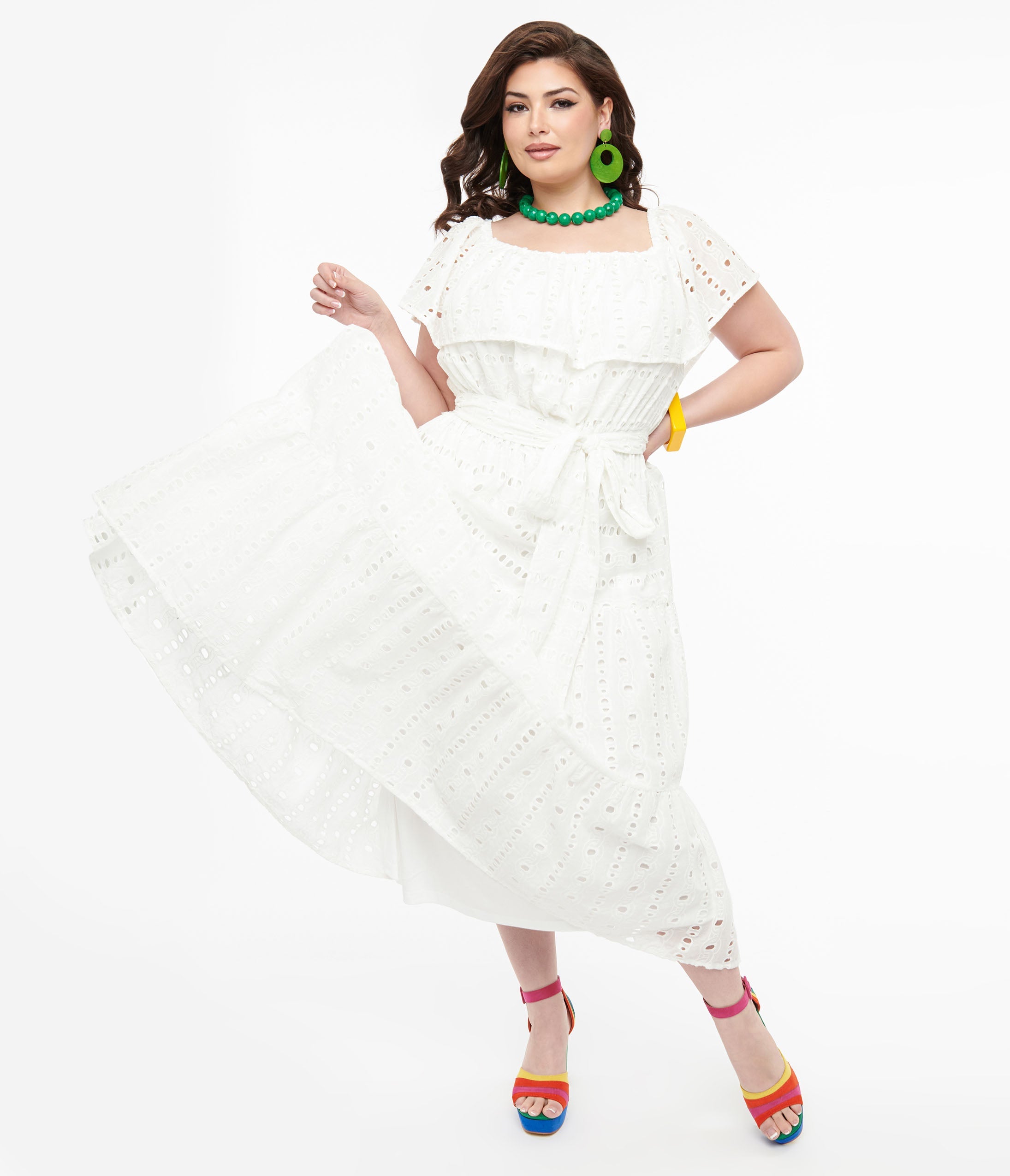 1970s White Eyelet Cotton Off The Shoulder Midi Dress