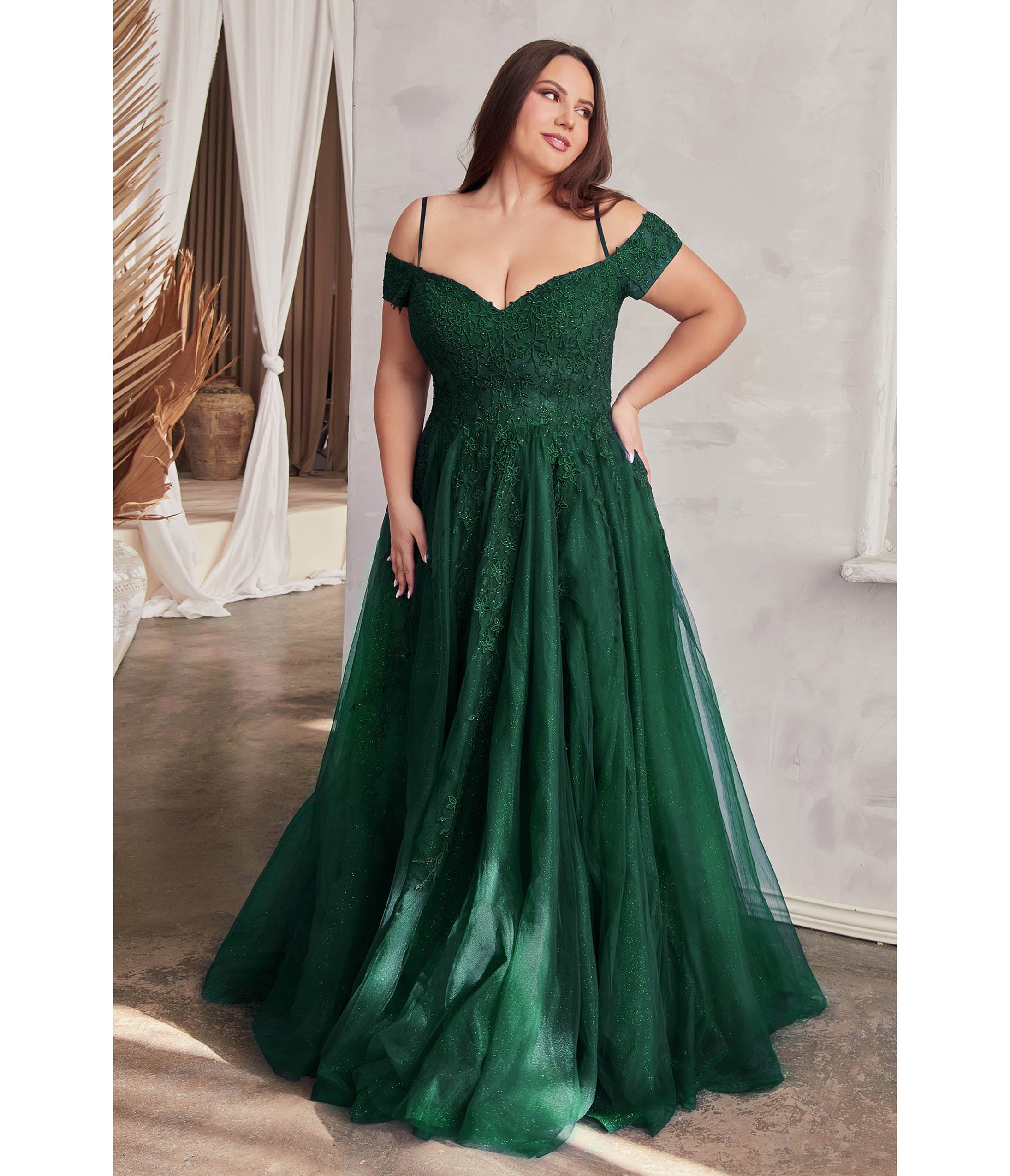 Ladivine by Cinderella Divine Plus Size Emerald Glitter Tulle Off The Shoulder Applique Slit Gown