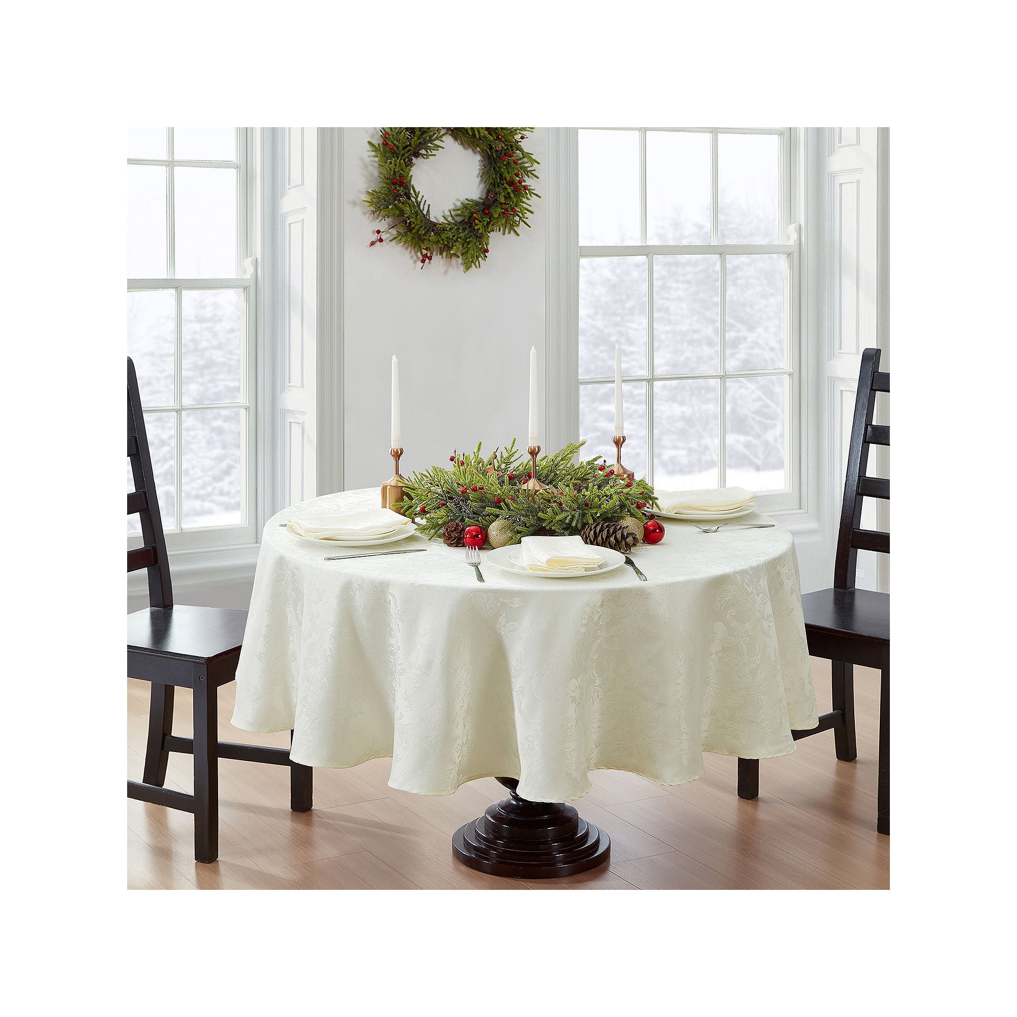 Elrene Home Fashions Poinsettia Elegance Round/Oval Tablecloth - IVORY ONE SIZE