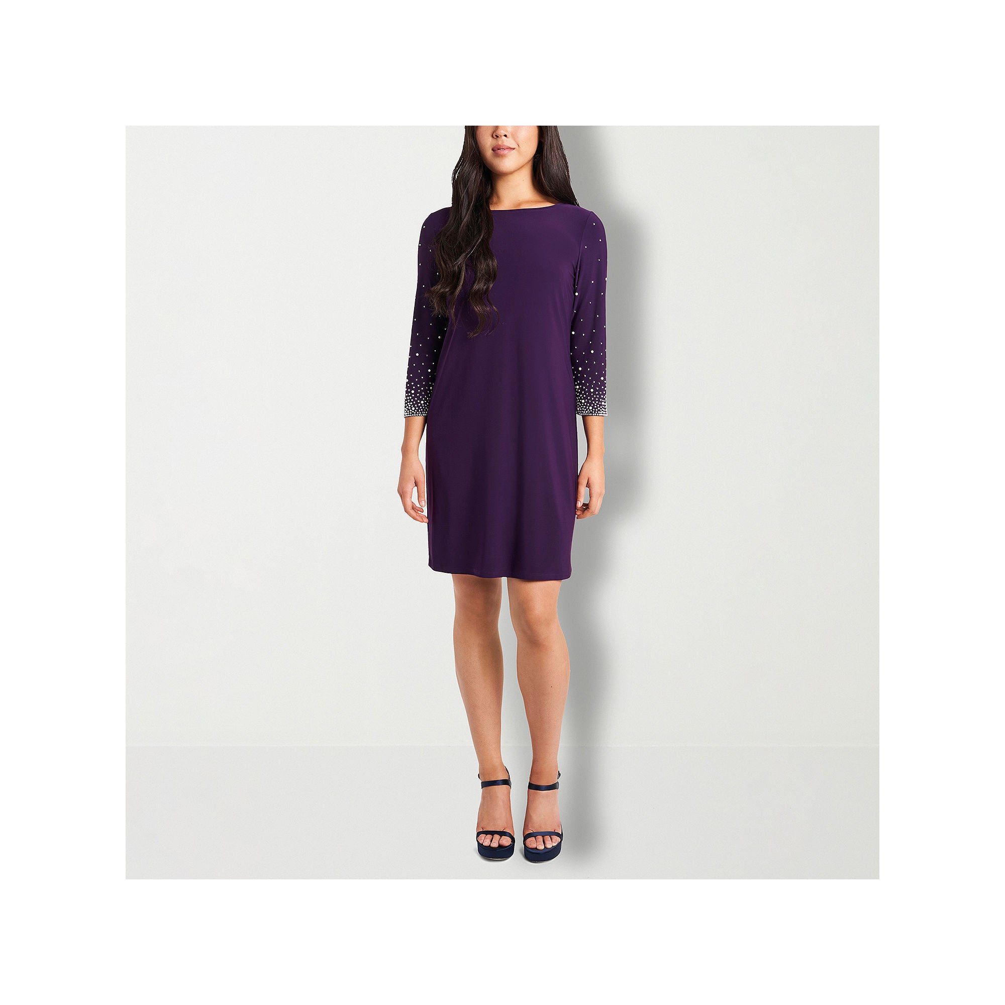 Msk Pearl 3/4 Sleeve Beaded Sheath Dress - PLUMSTONE X-LARGE