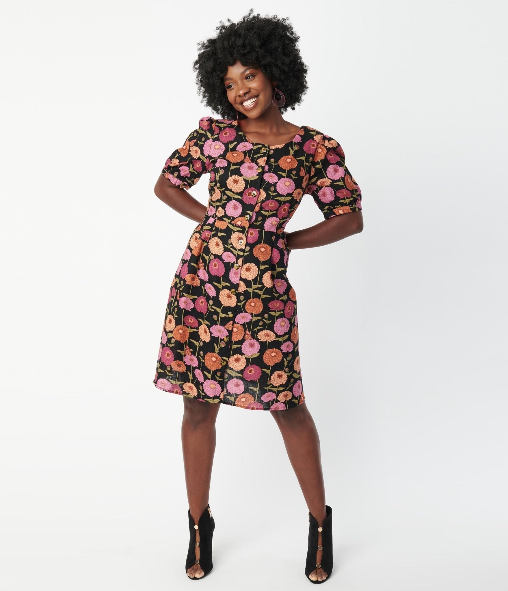 Black & Zinnia Floral Fit & Flare Dress