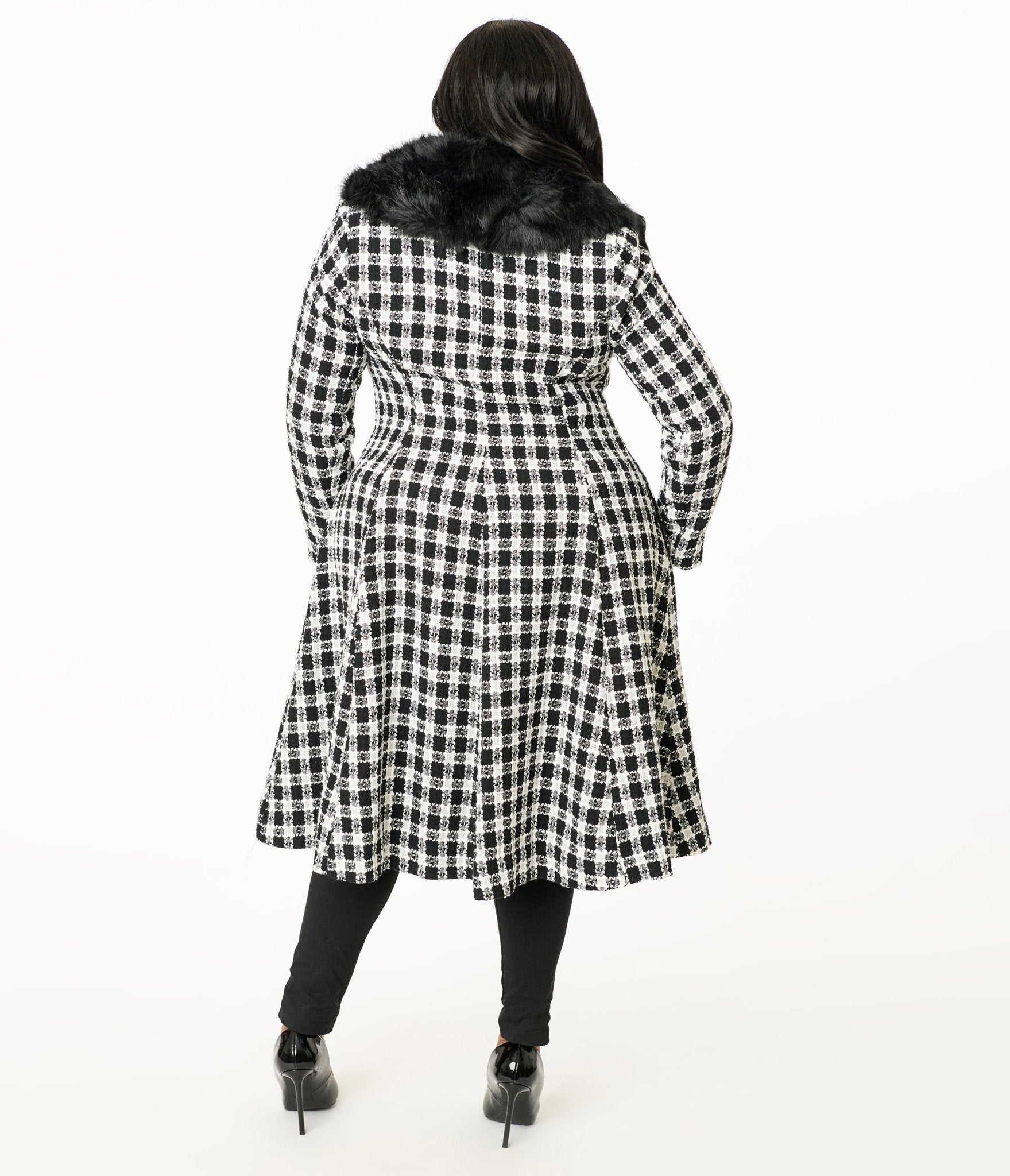 Unique Vintage Plus Size 1950s Black & White Plaid & Black Fur Carrie Swing Coat