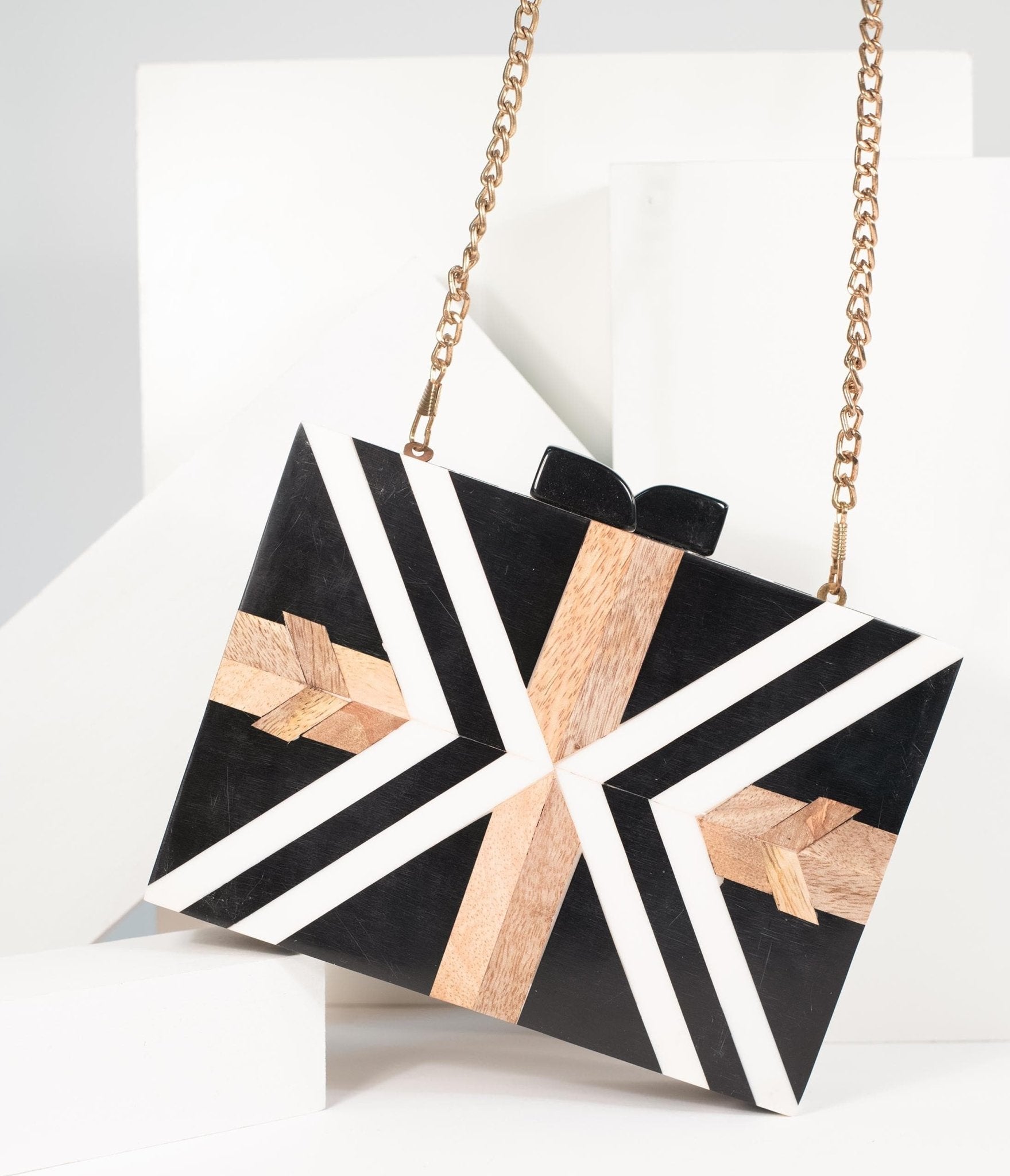 Retro Style Black & White Chevron Wood & Resin Hard Clutch