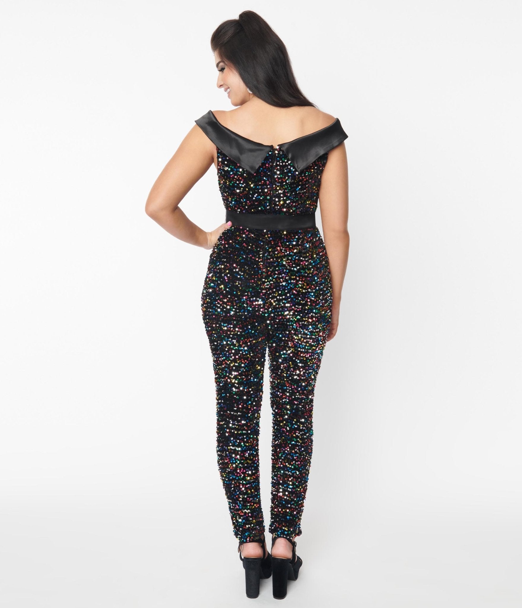 Unique Vintage 1970s Black & Rainbow Sequin Gillian Jumpsuit