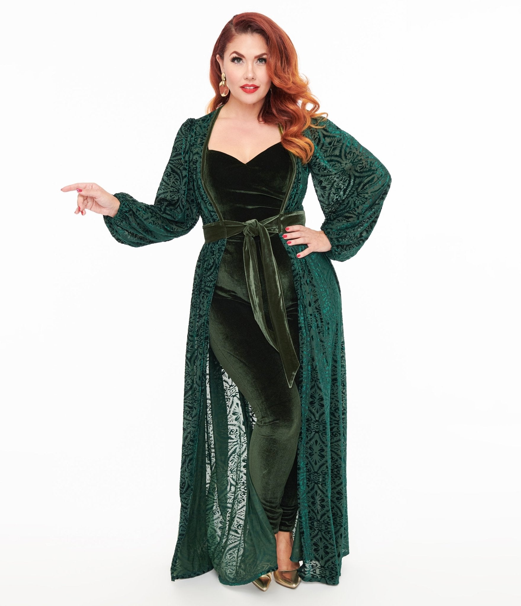 Unique Vintage Green Velvet Burnout Hollywood Duster