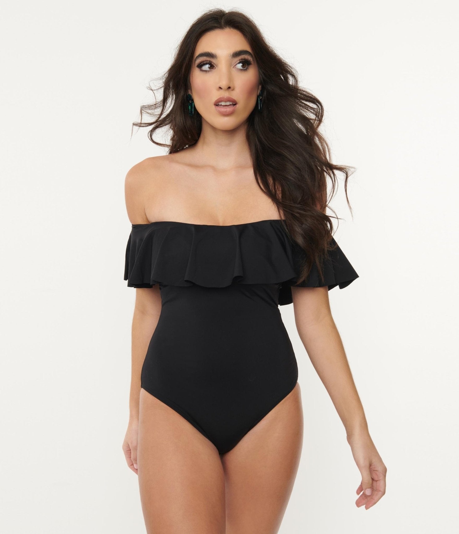 1970s Black Off Shoulder Ruffle Swimsuit