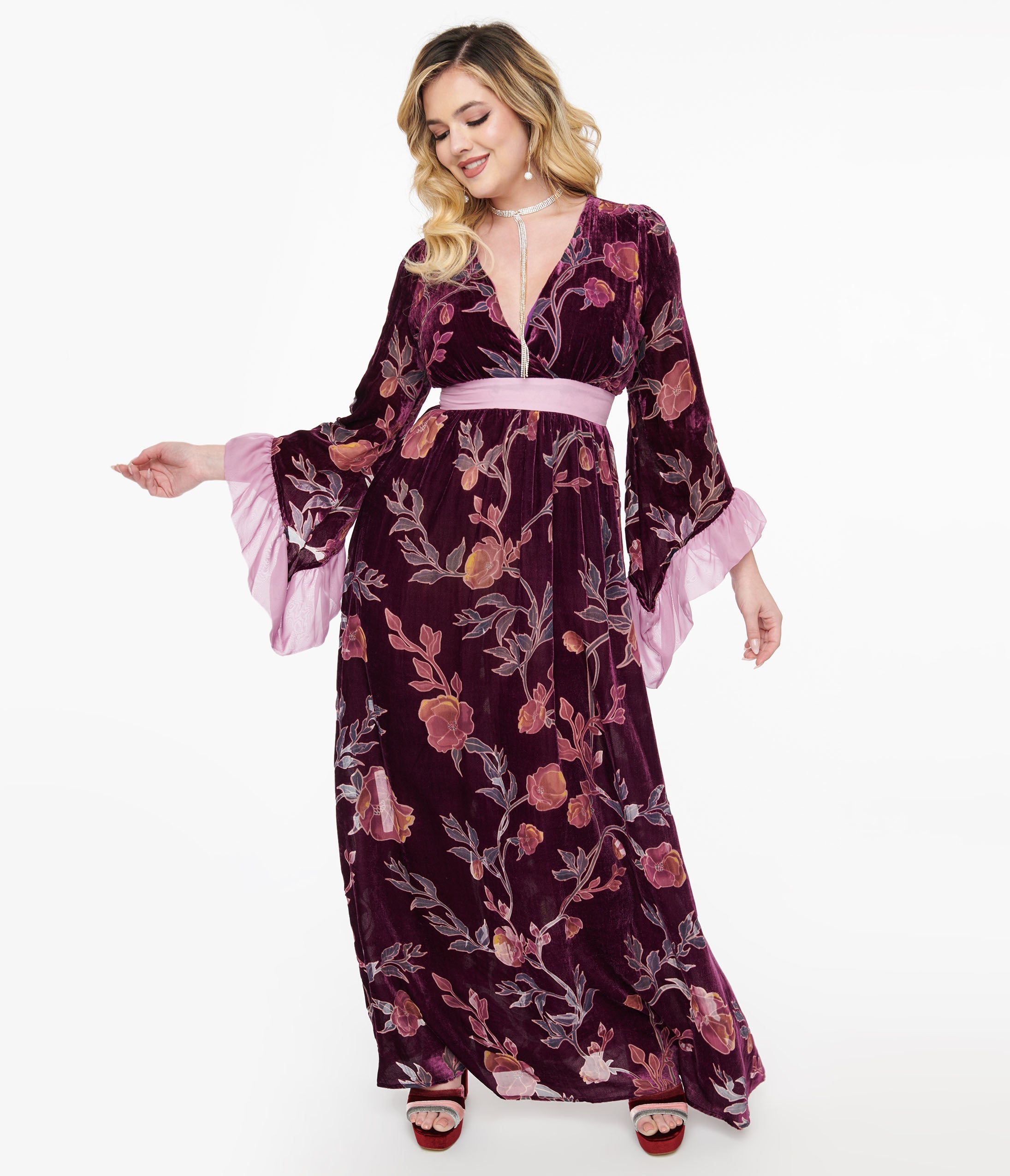 Unique Vintage 1970s Purple Floral Burnout Velvet Maxi Dress