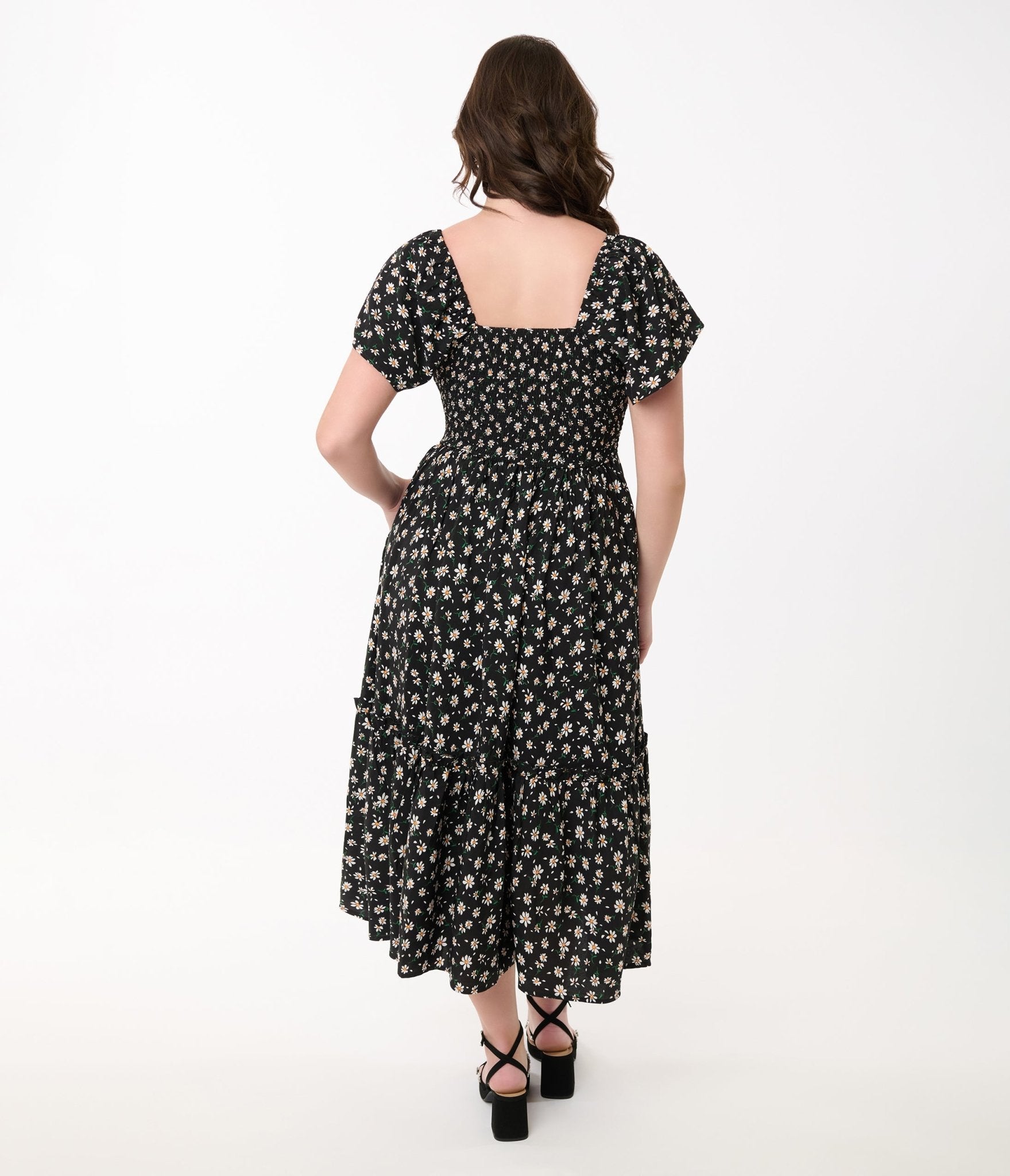 Unique Vintage 1960s Black & White Ditsy Floral Smocked Bodice Midi Dress