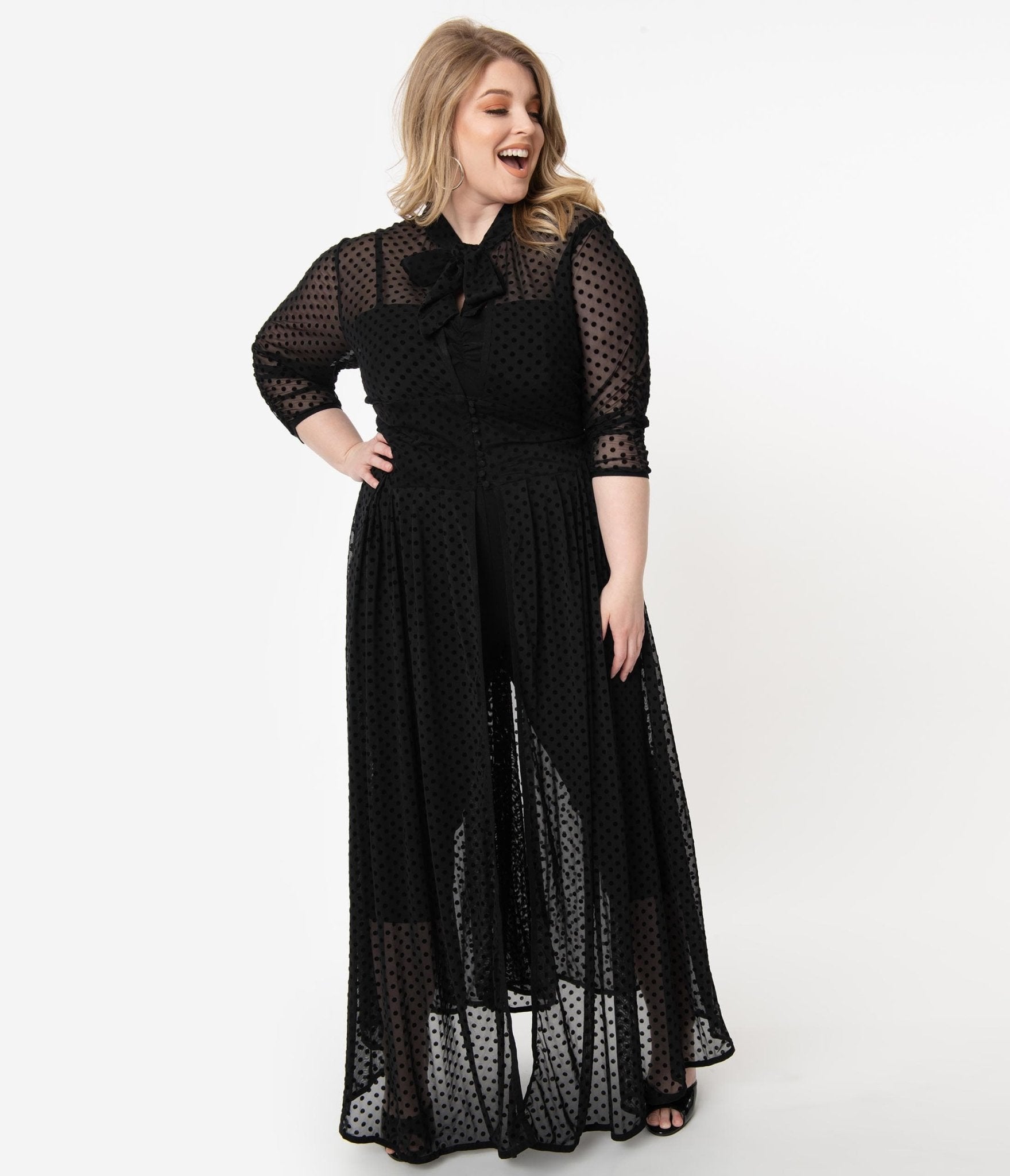 Unique Vintage Plus Size Black Swiss Dot Starlet Duster