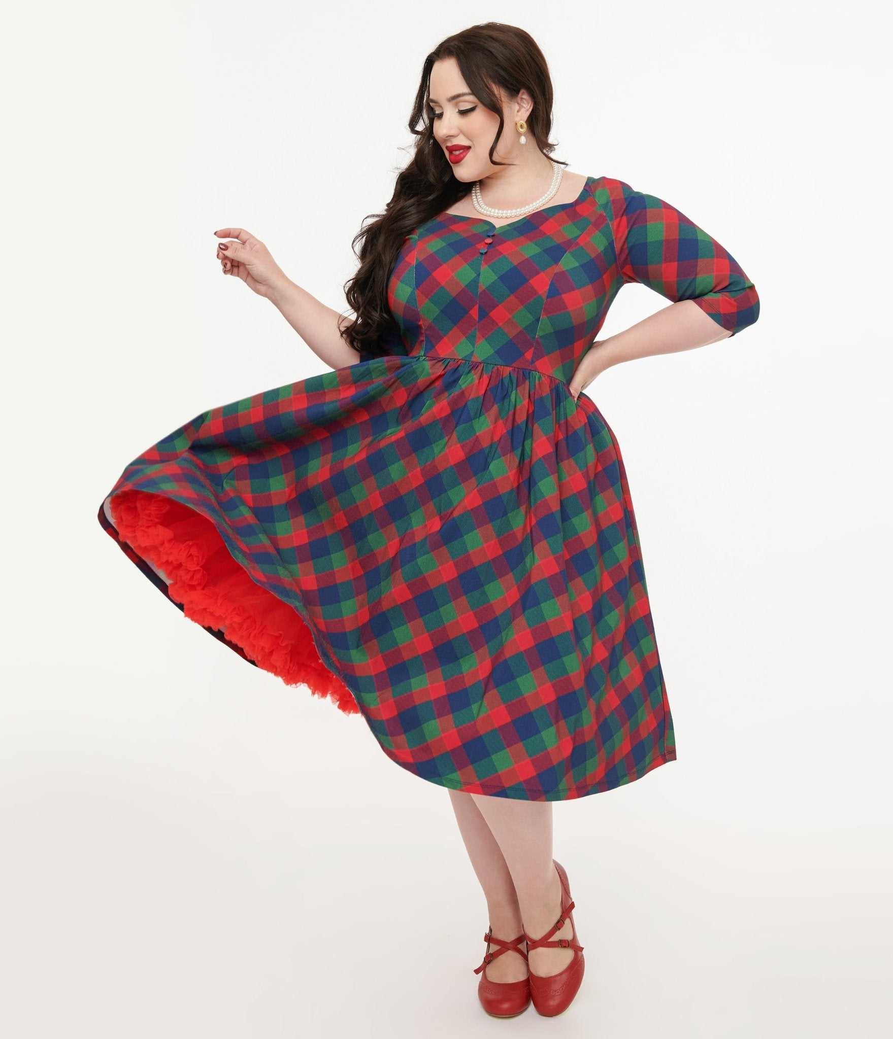 Unique Vintage Plus Size 1950s Green & Red Plaid Sweetheart Swing Dress