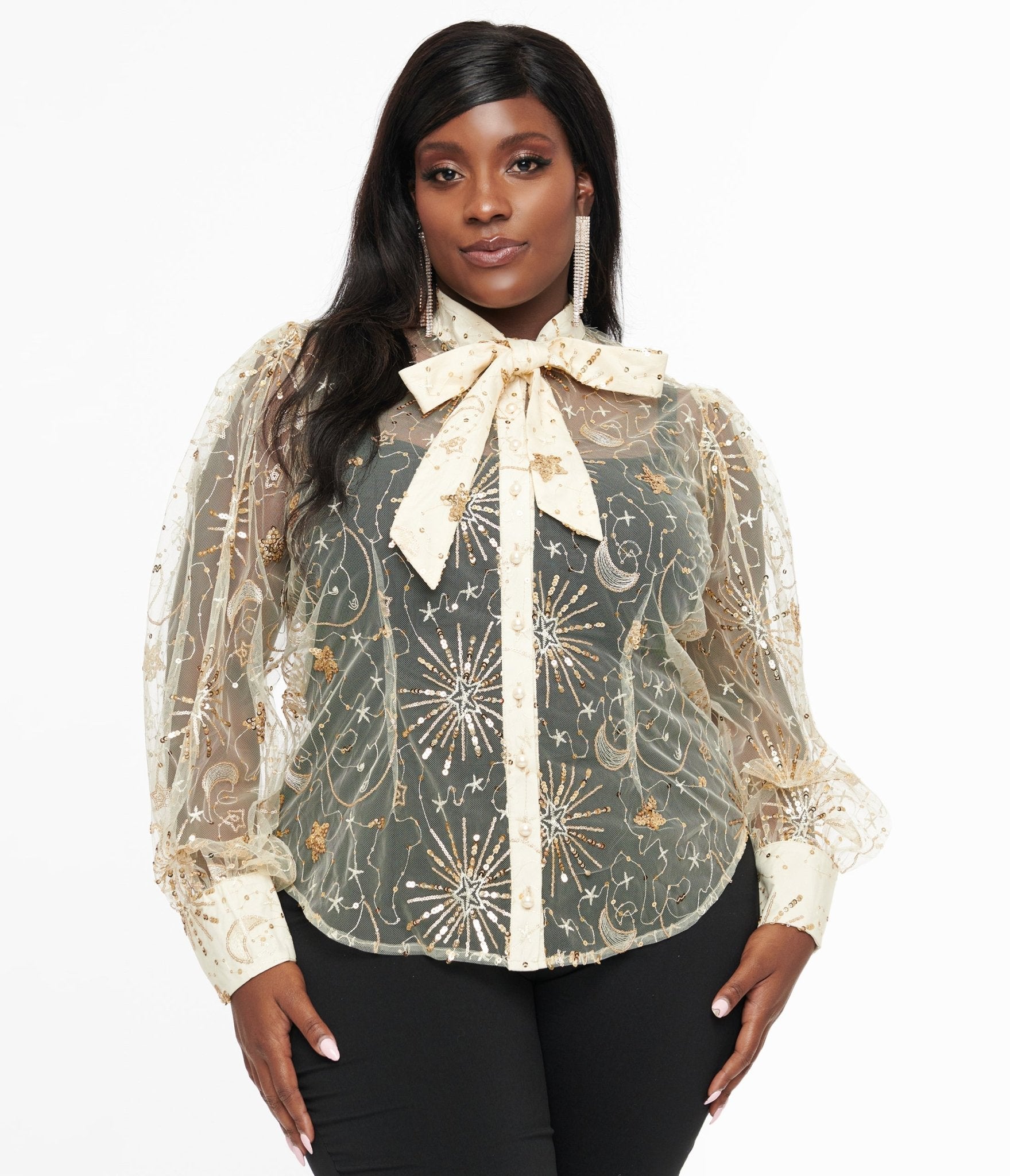 Unique Vintage Plus Size Champagne Celestial Sequin Sheer Gwen Blouse