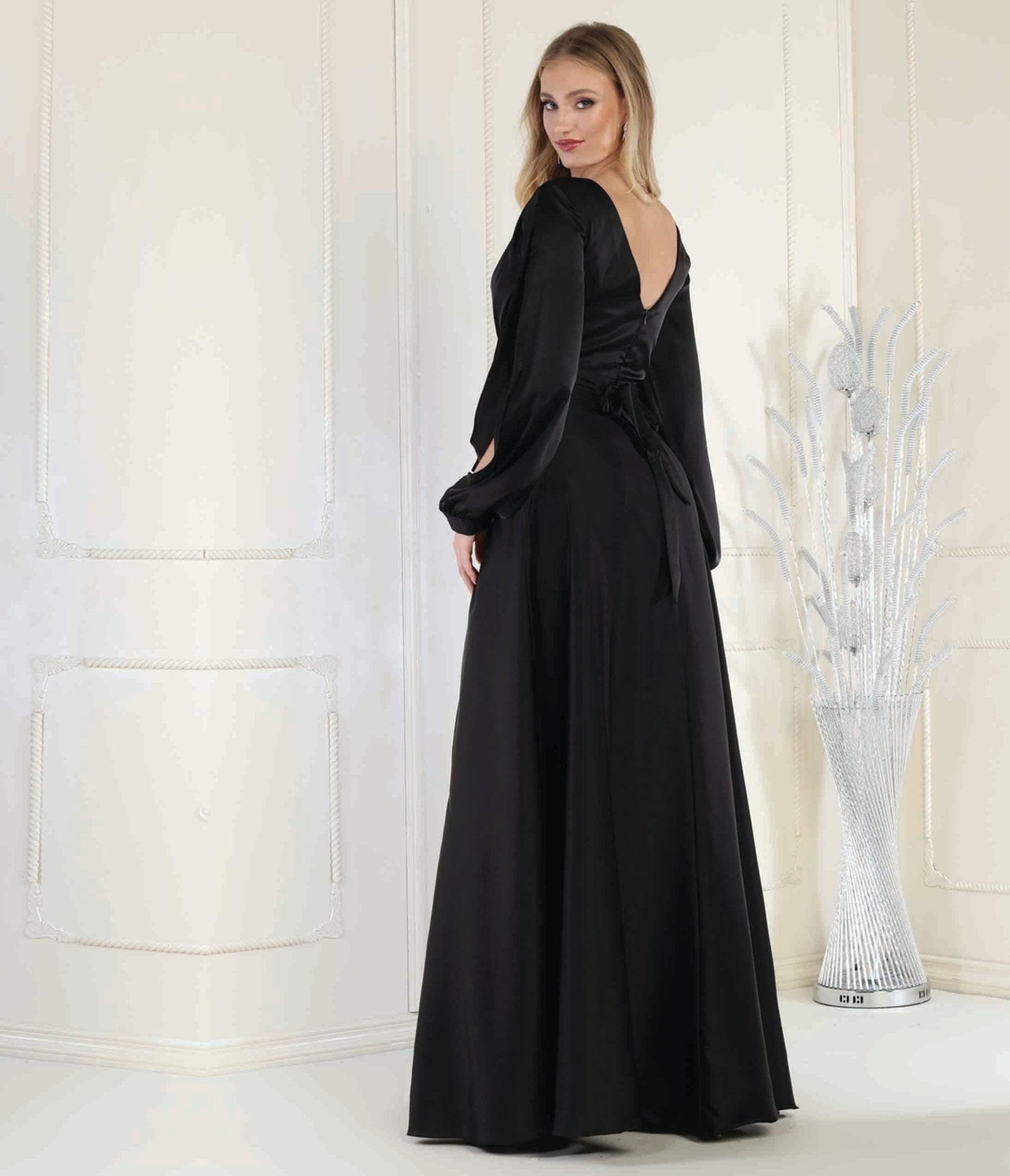 Black Satin Long Sleeve Goddess Gown