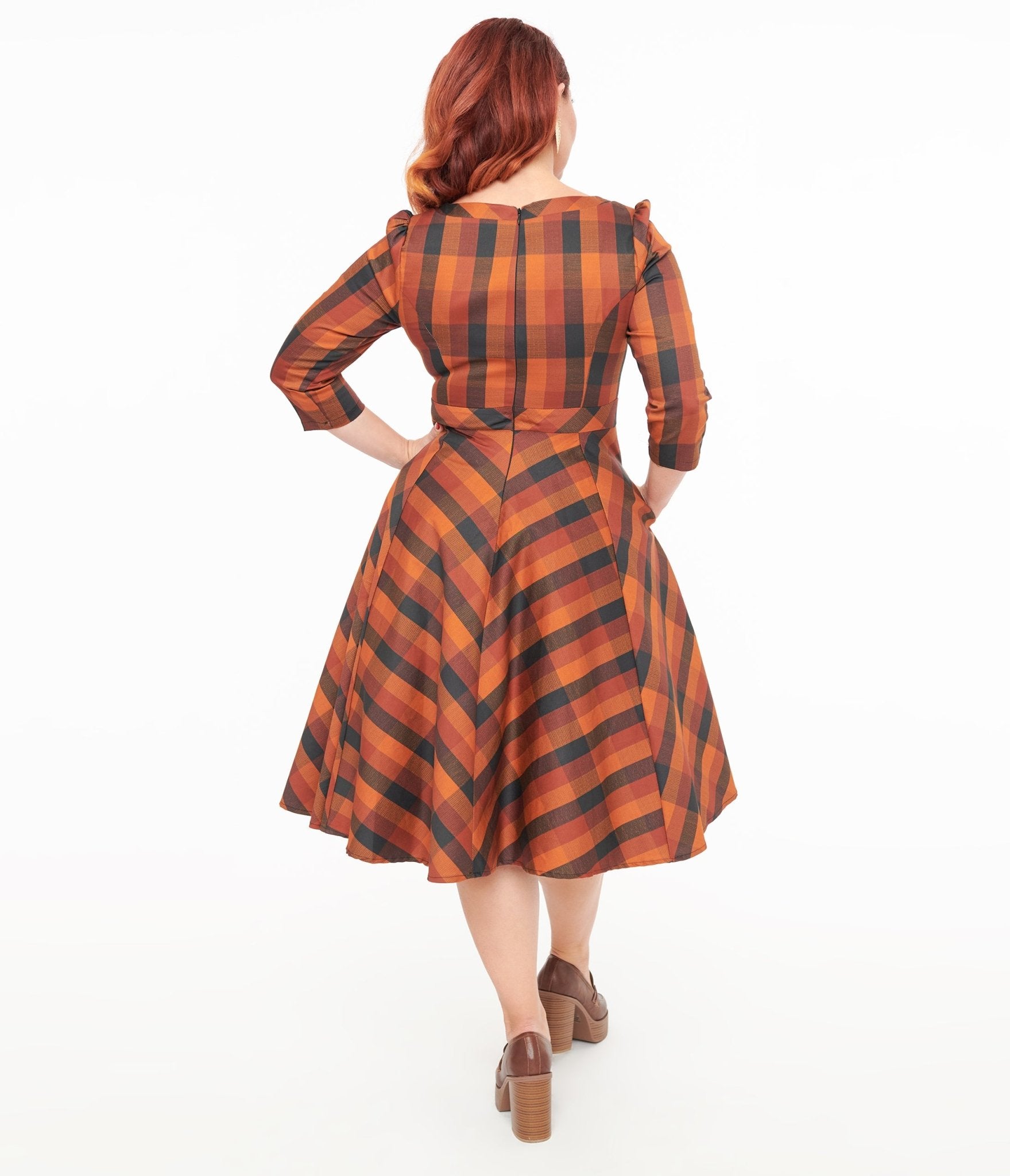 Hearts & Roses Brown & Orange Check Caitlin Swing Dress