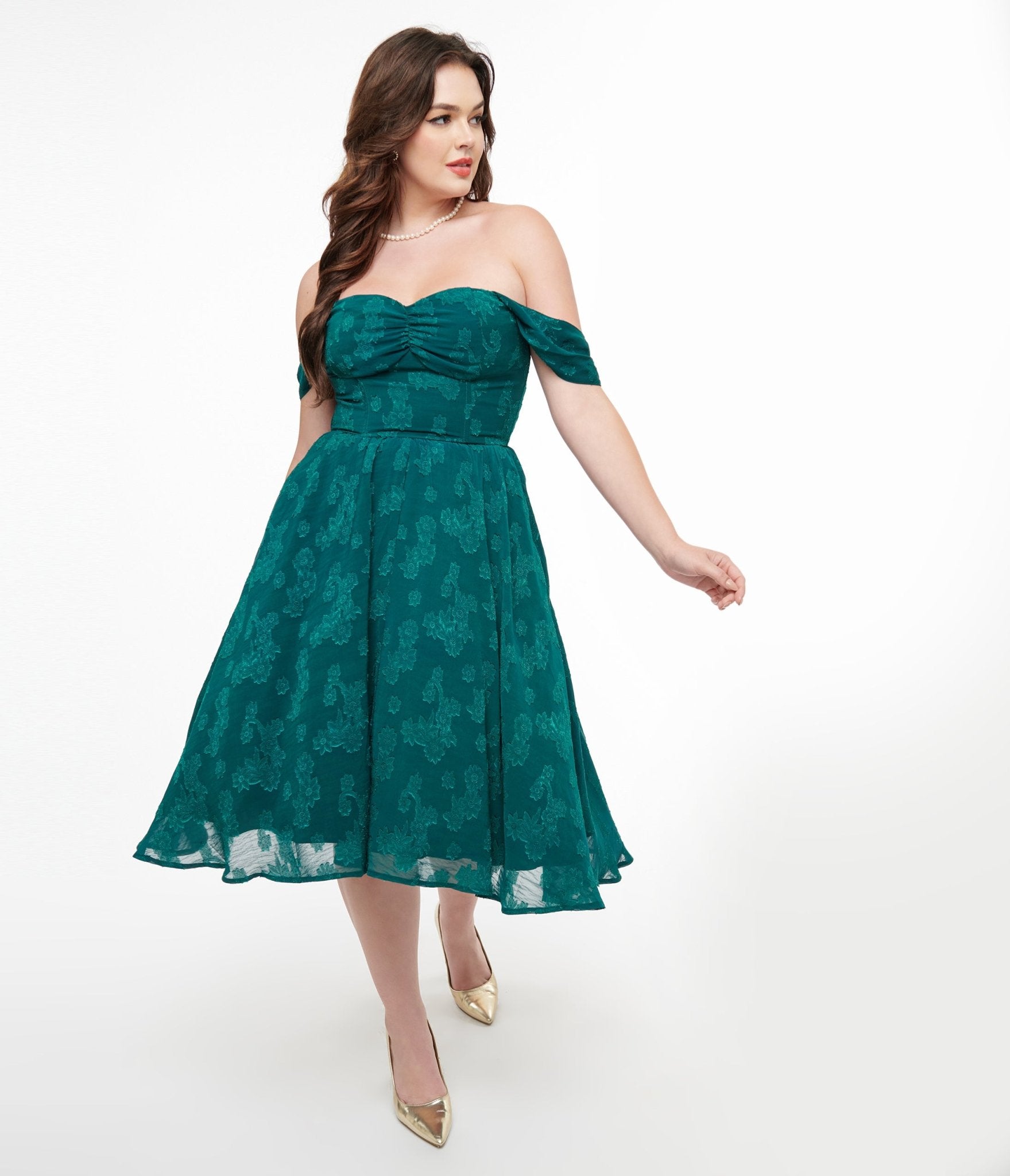 Unique Vintage 1950s Teal Jacquard Off Shoulder Flare Dress