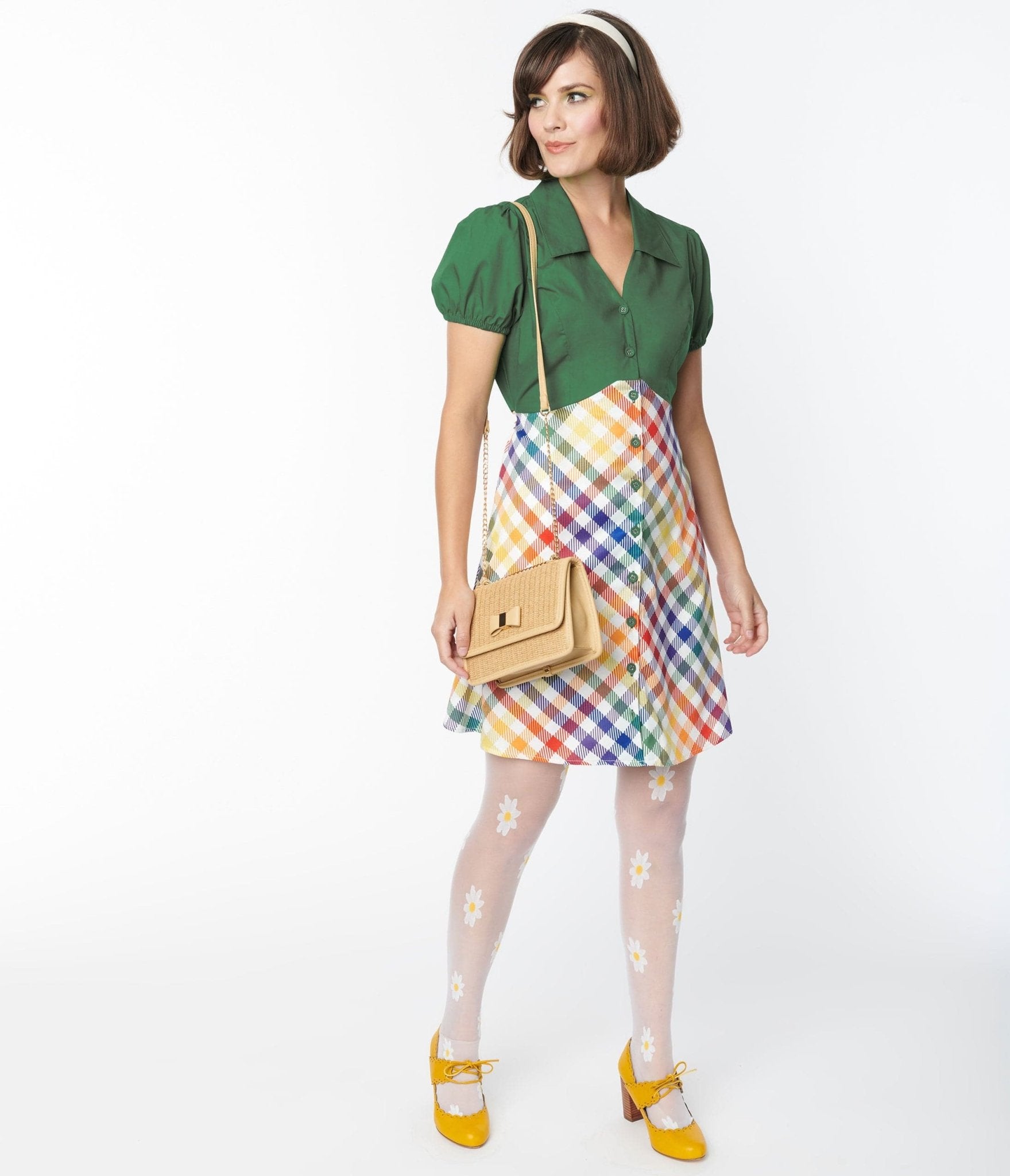 Smak Parlour 1970s Green & Rainbow Gingham Mini Shirt Dress